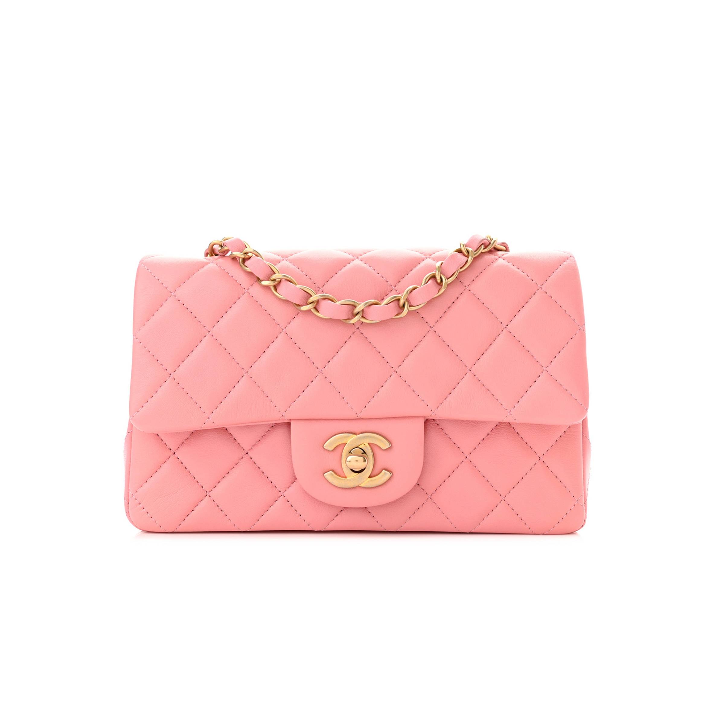 Ch*el lambskin quilted mini rectangular flap pink gold hardware (20*11*6cm)