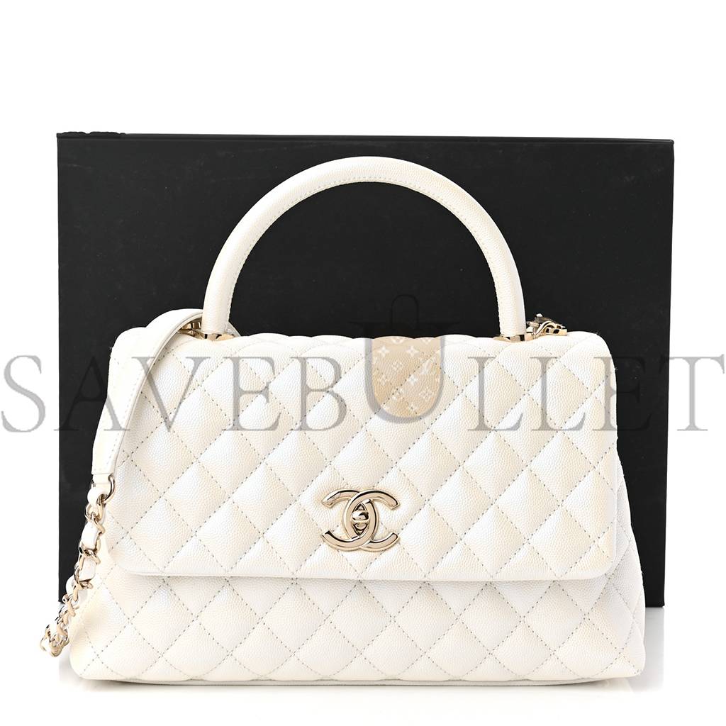 Ch*el iridescent caviar quilted small coco handle flap white rose gold hardware (28*17*11cm)