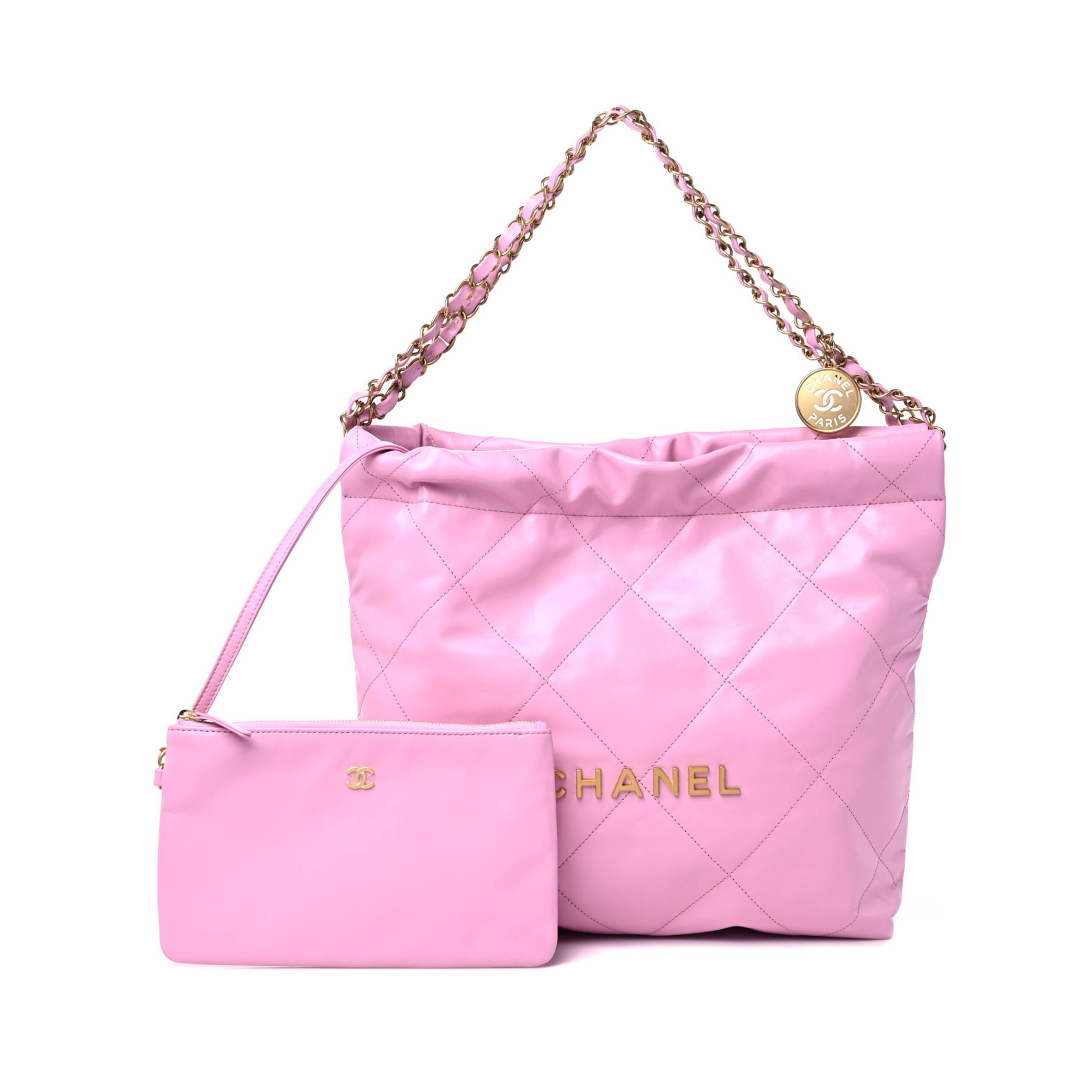 Ch*el shiny calfskin quilted small Ch*el 22 pink gold hardware (37*35*7cm)