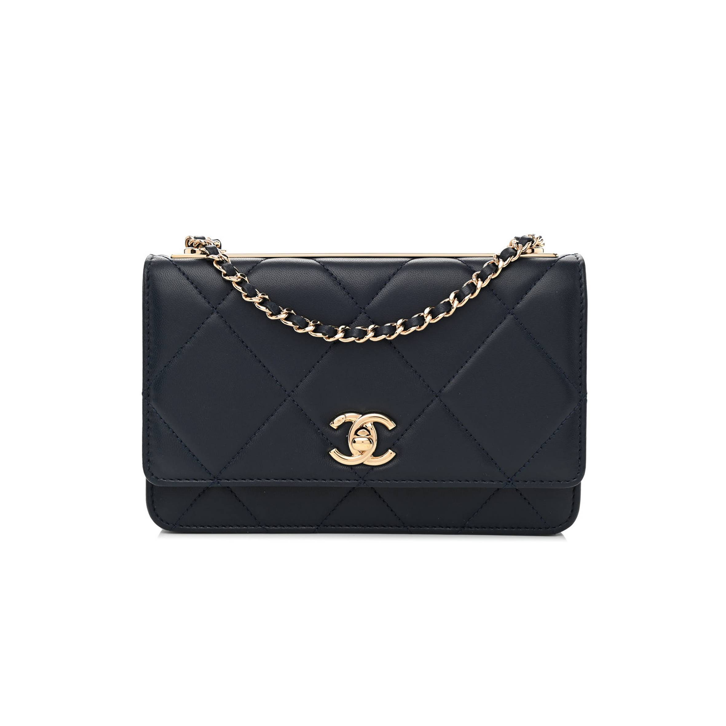 Ch*el lambskin quilted trendy cc wallet on chain woc navy rose gold hardware (19*12*3cm)