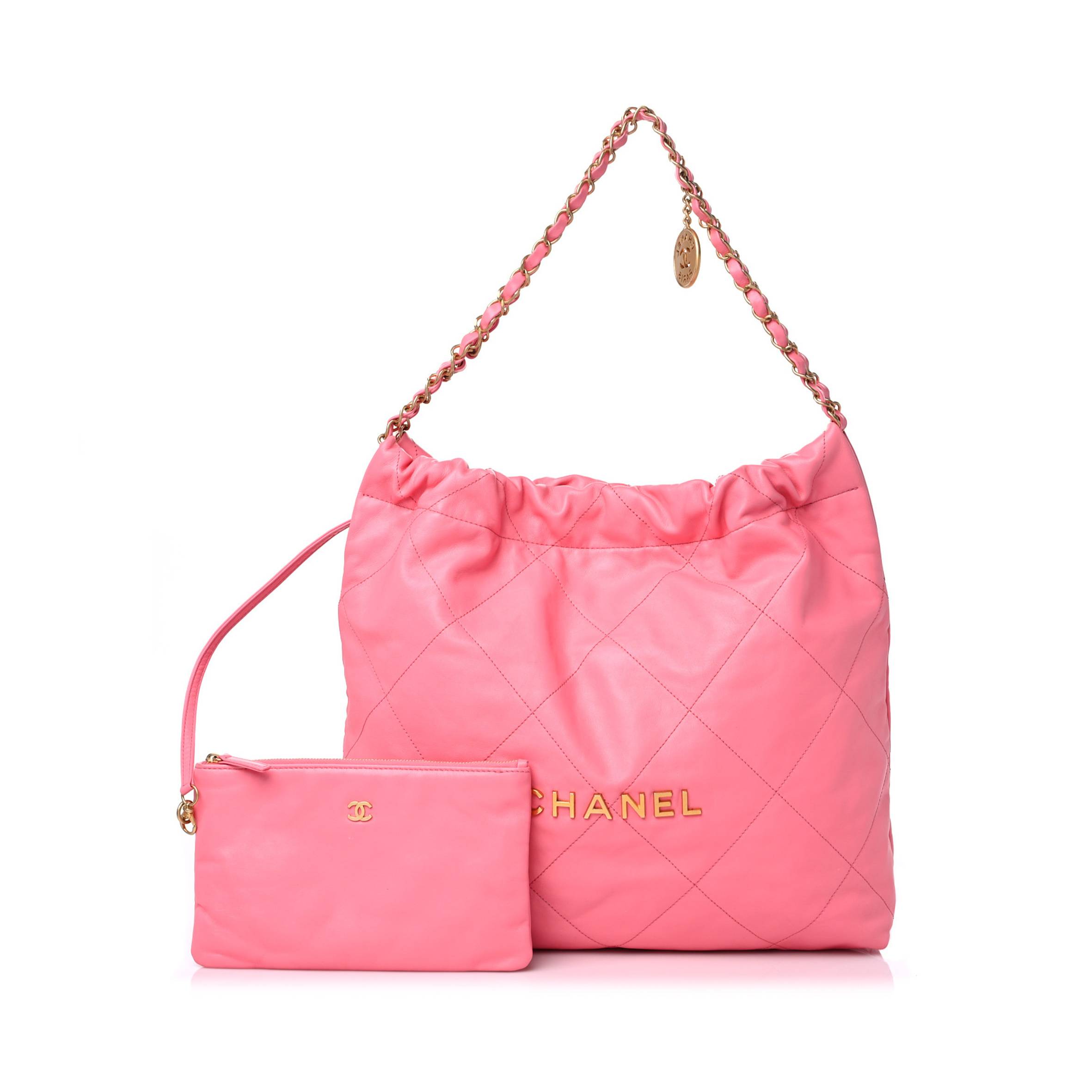 Ch*el shiny calfskin quilted Ch*el 22 drawstring bag coral pink gold hardware (42*39*8cm)