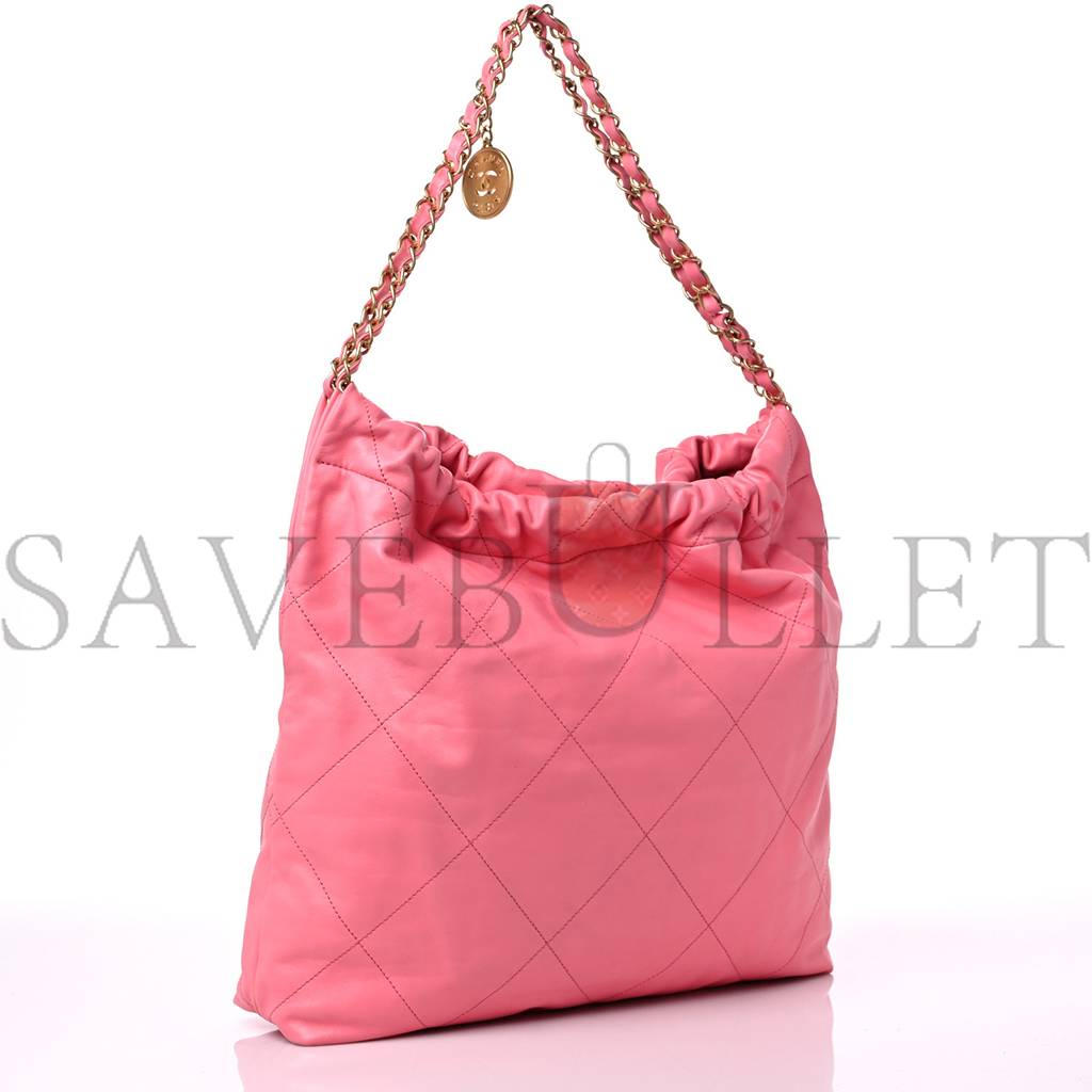 Ch*el shiny calfskin quilted Ch*el 22 drawstring bag coral pink gold hardware (42*39*8cm)