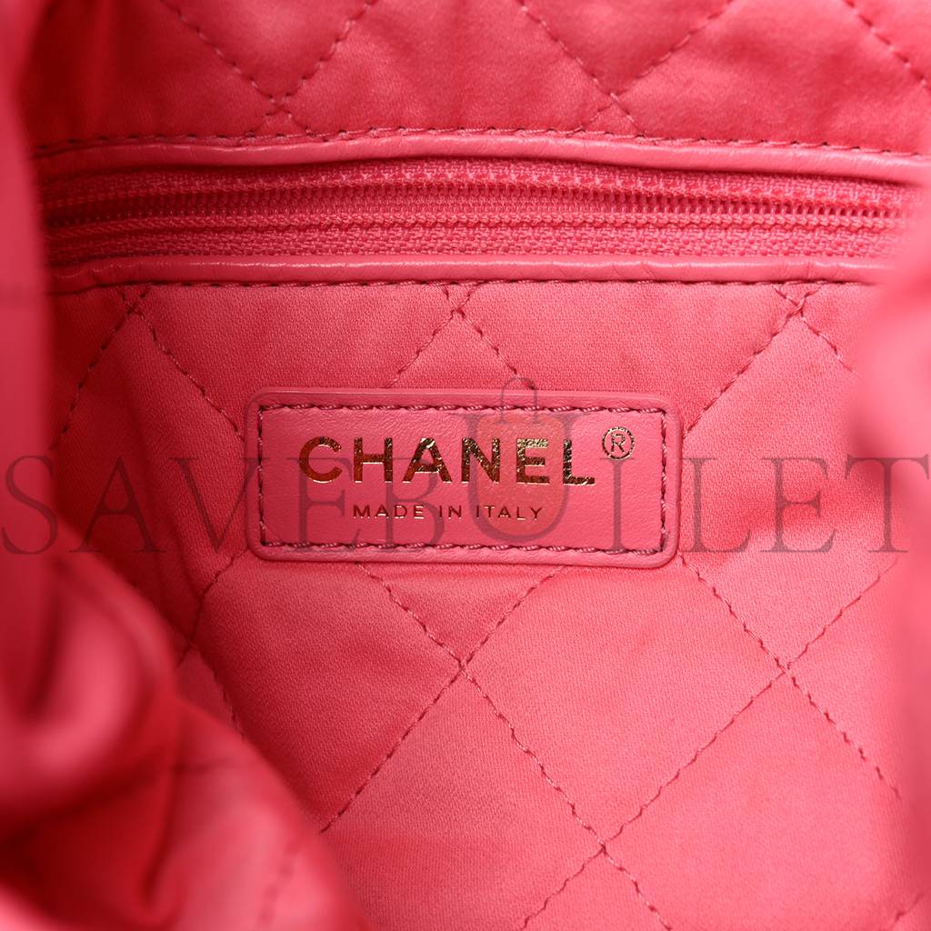 Ch*el shiny calfskin quilted Ch*el 22 drawstring bag coral pink gold hardware (42*39*8cm)