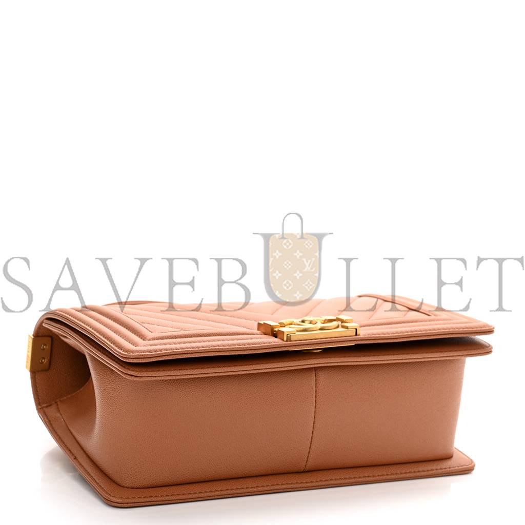 Ch*el caviar chevron quilted medium boy flap brown gold hardware (25*15*6cm)