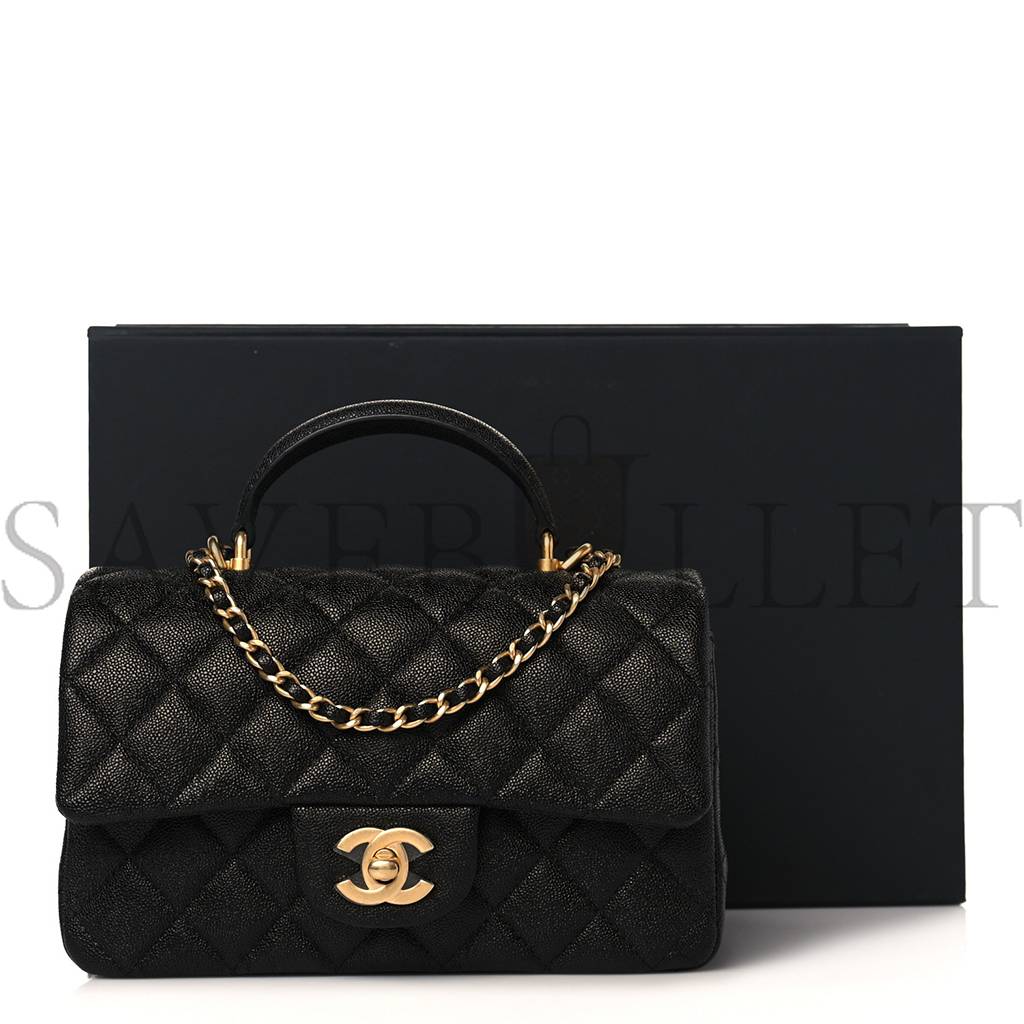 Ch*el caviar quilted mini top handle rectangular flap black gold hardware (20*13*6cm)