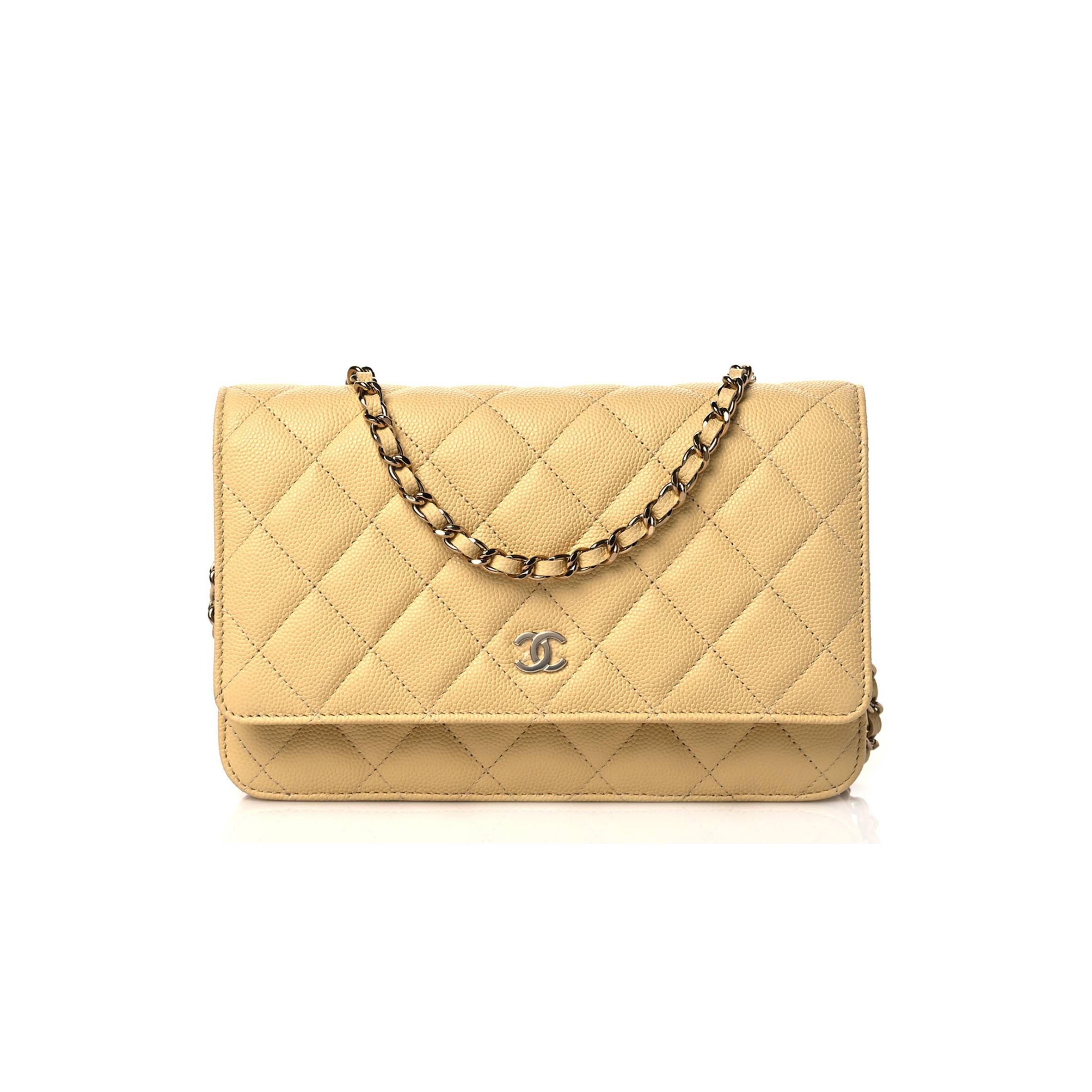 Ch*el caviar quilted wallet on chain woc light yellow rose gold hardware (19*12*3cm)