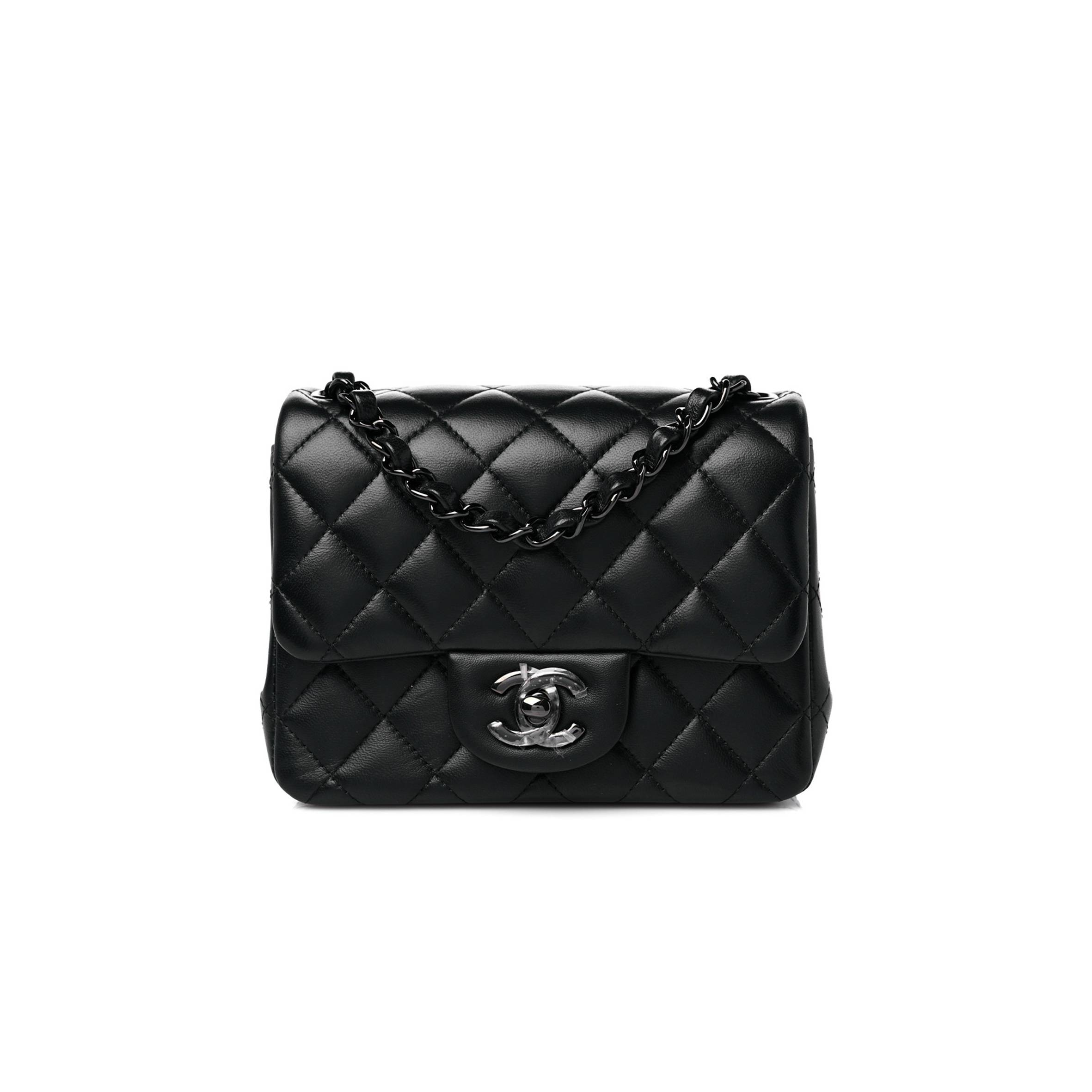 Ch*el lambskin quilted mini square flap so black silver hardware (17*12*7cm)