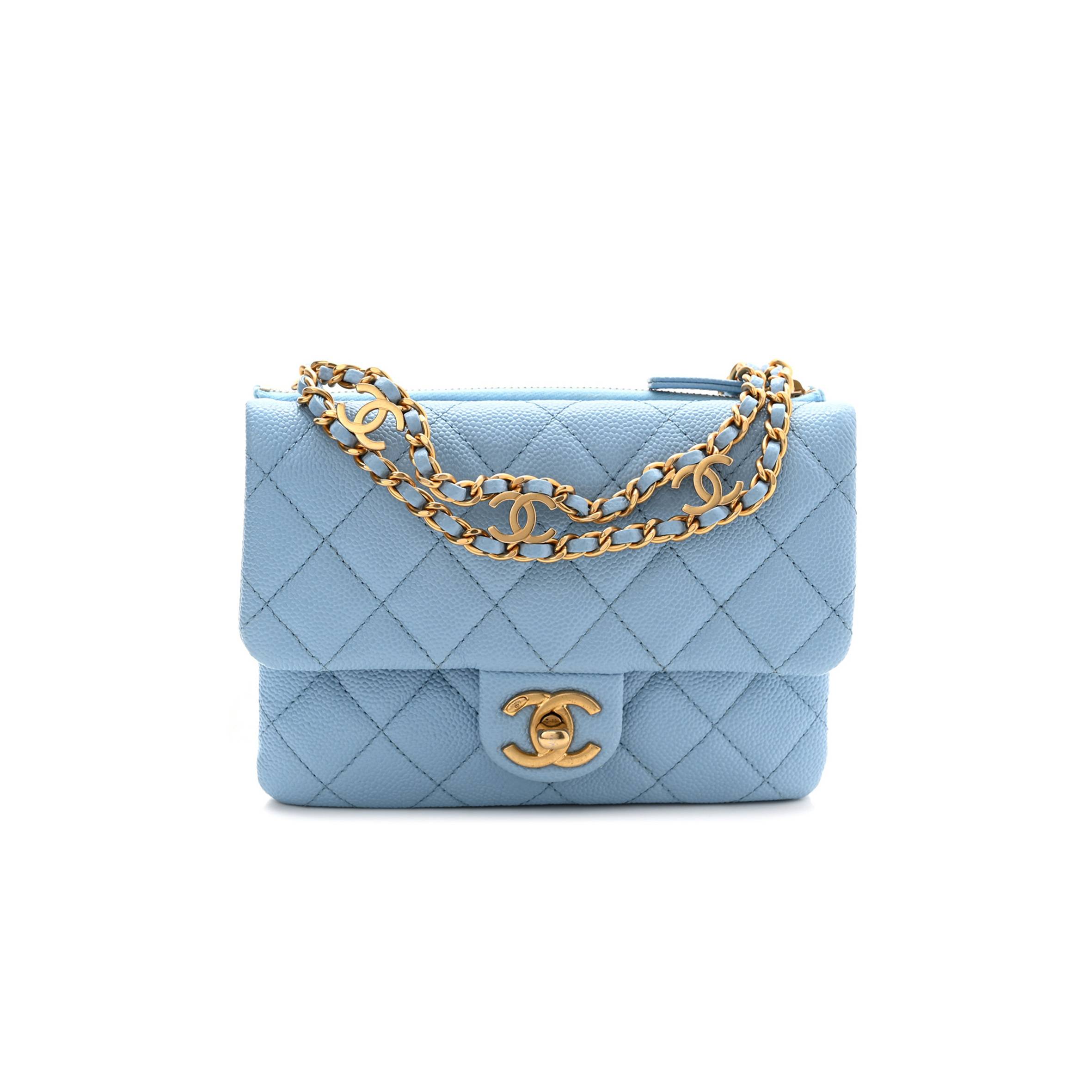 Ch*el shiny caviar pick me up flap belt bag light blue gold hardware (17*13*3cm)