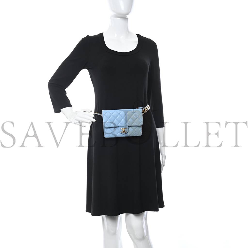 Ch*el shiny caviar pick me up flap belt bag light blue gold hardware (17*13*3cm)