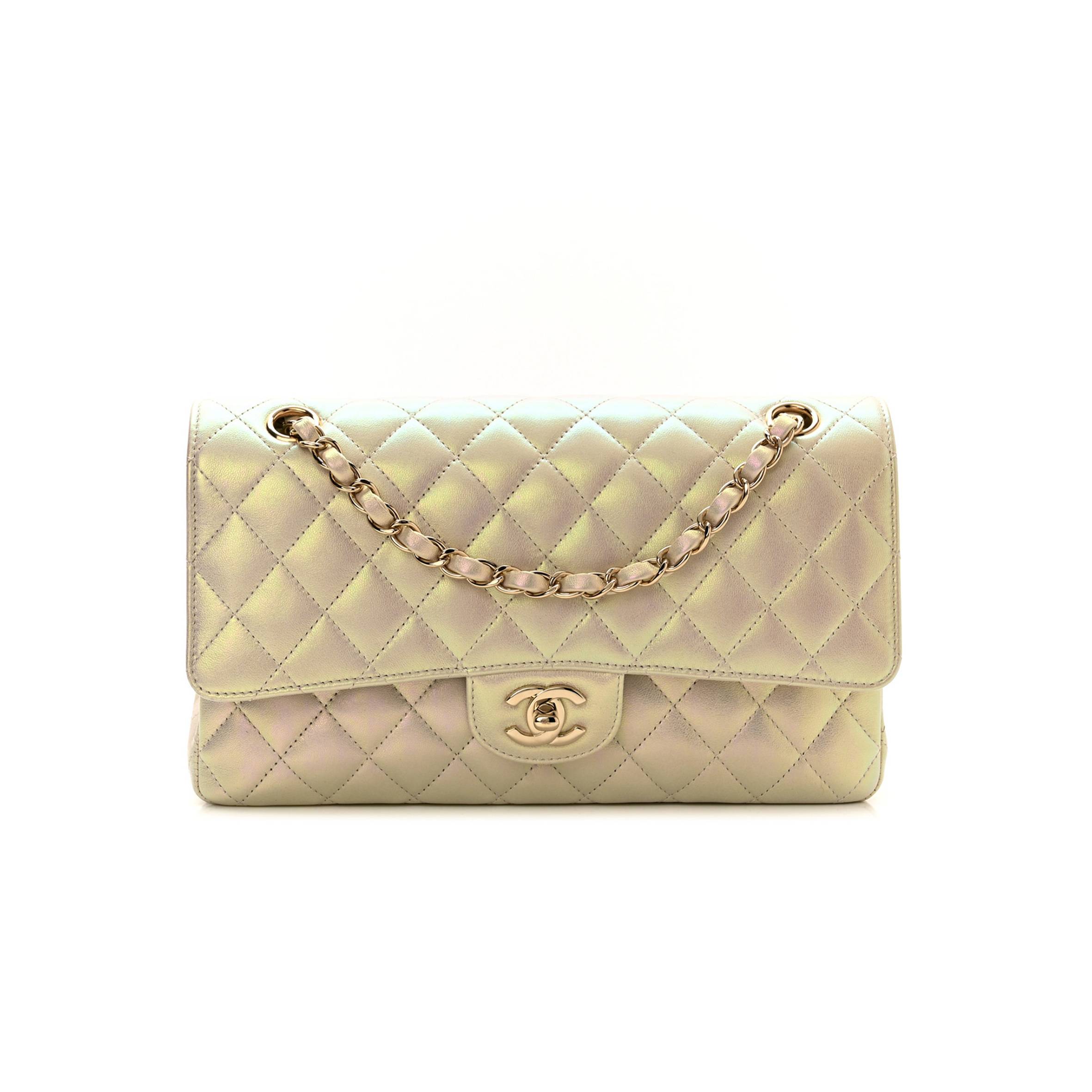 Ch*el iridescent lambskin quilted medium double flap ivory rose gold hardware (25*15*6cm)