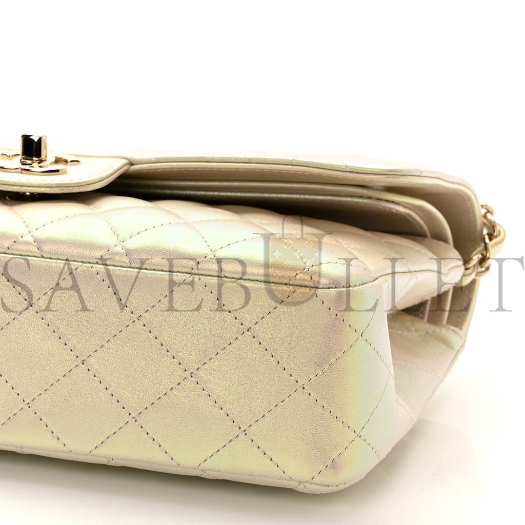 Ch*el iridescent lambskin quilted medium double flap ivory rose gold hardware (25*15*6cm)