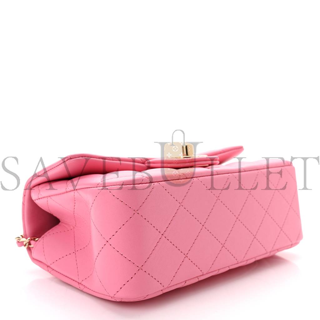 Ch*el lambskin quilted mini top handle rectangular flap pink rose gold hardware (20*12*6cm)