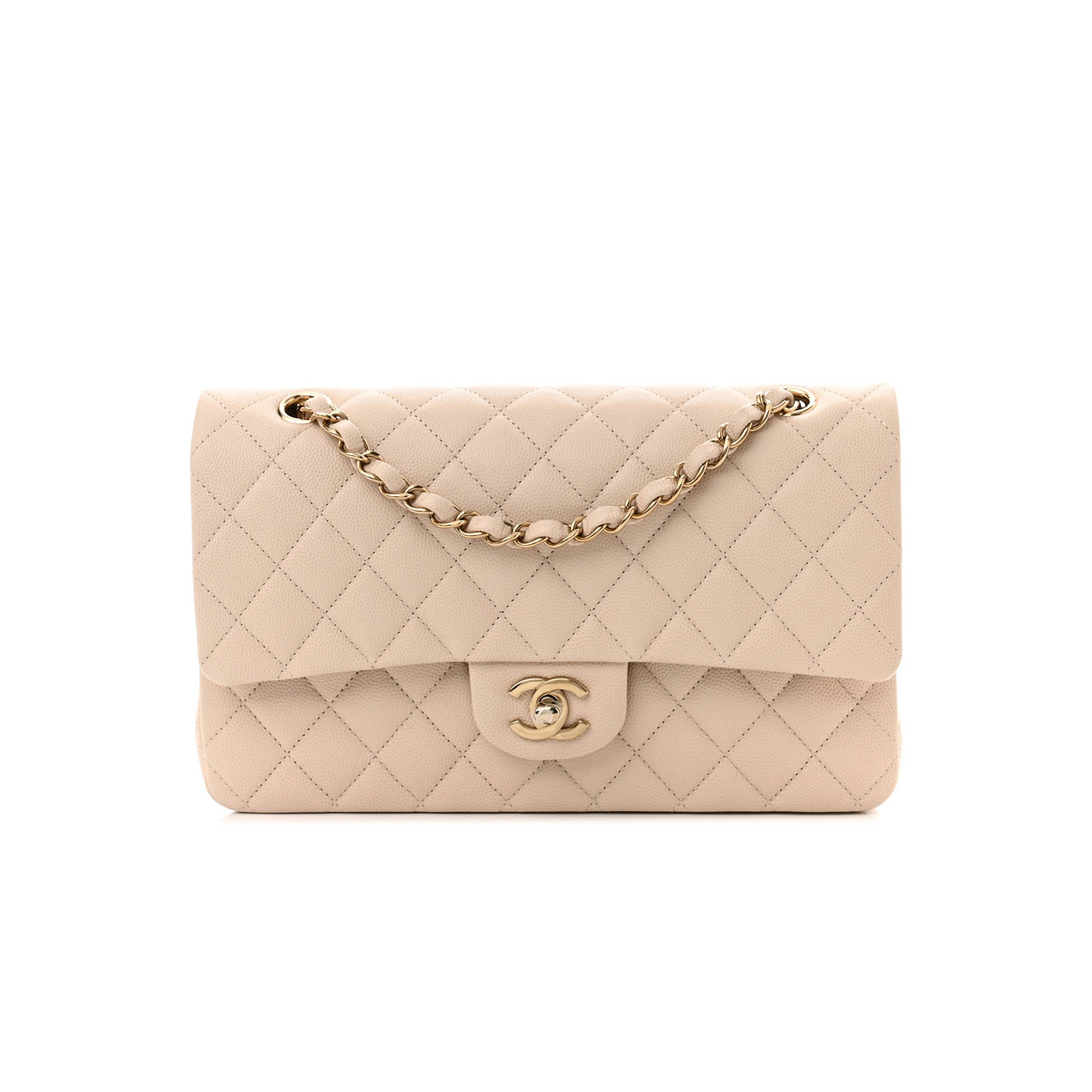 Ch*el caviar quilted medium double flap light beige gold hardware (25*15*6cm)