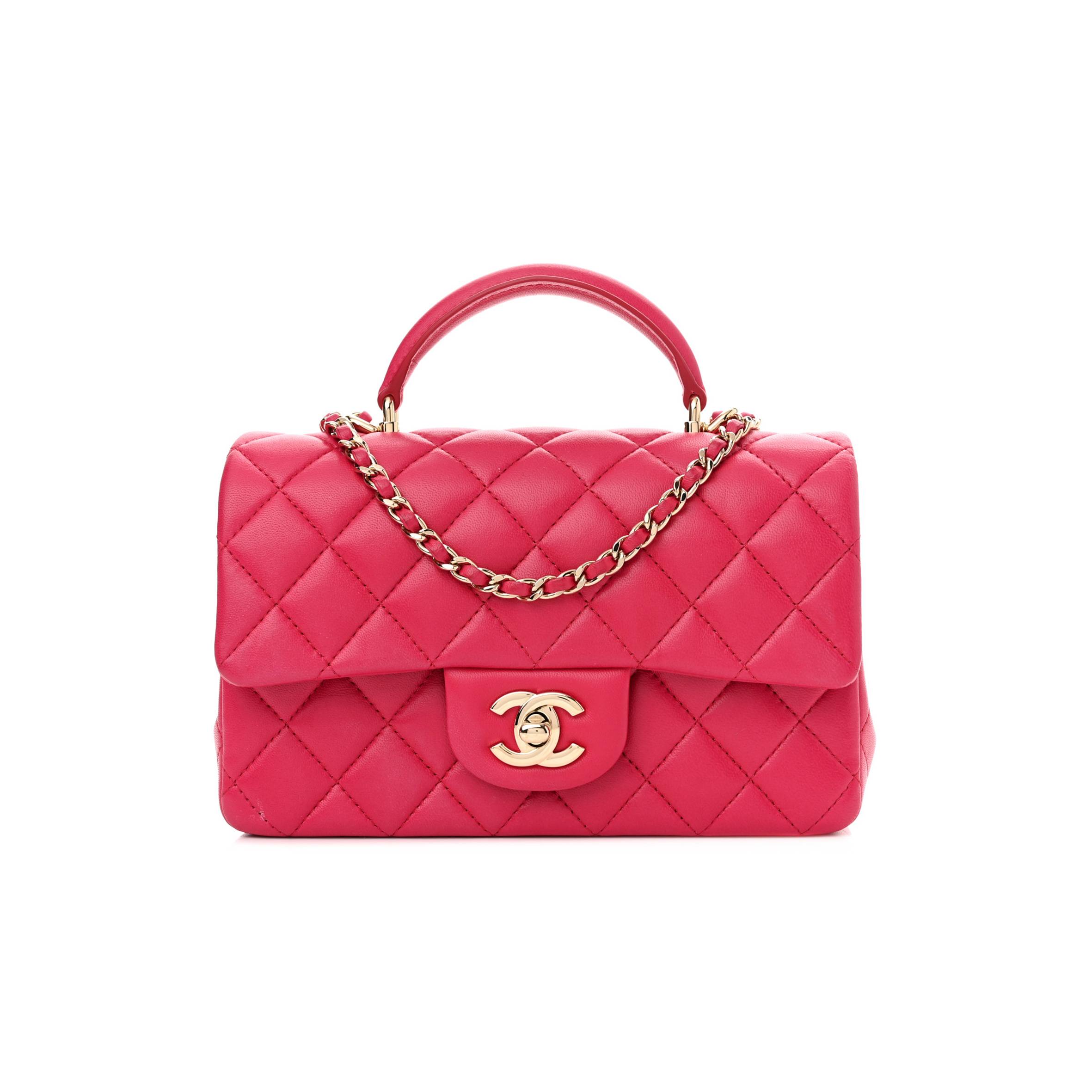 Ch*el lambskin quilted mini top handle rectangular flap dark pink rose gold hardware (19*13*7cm)