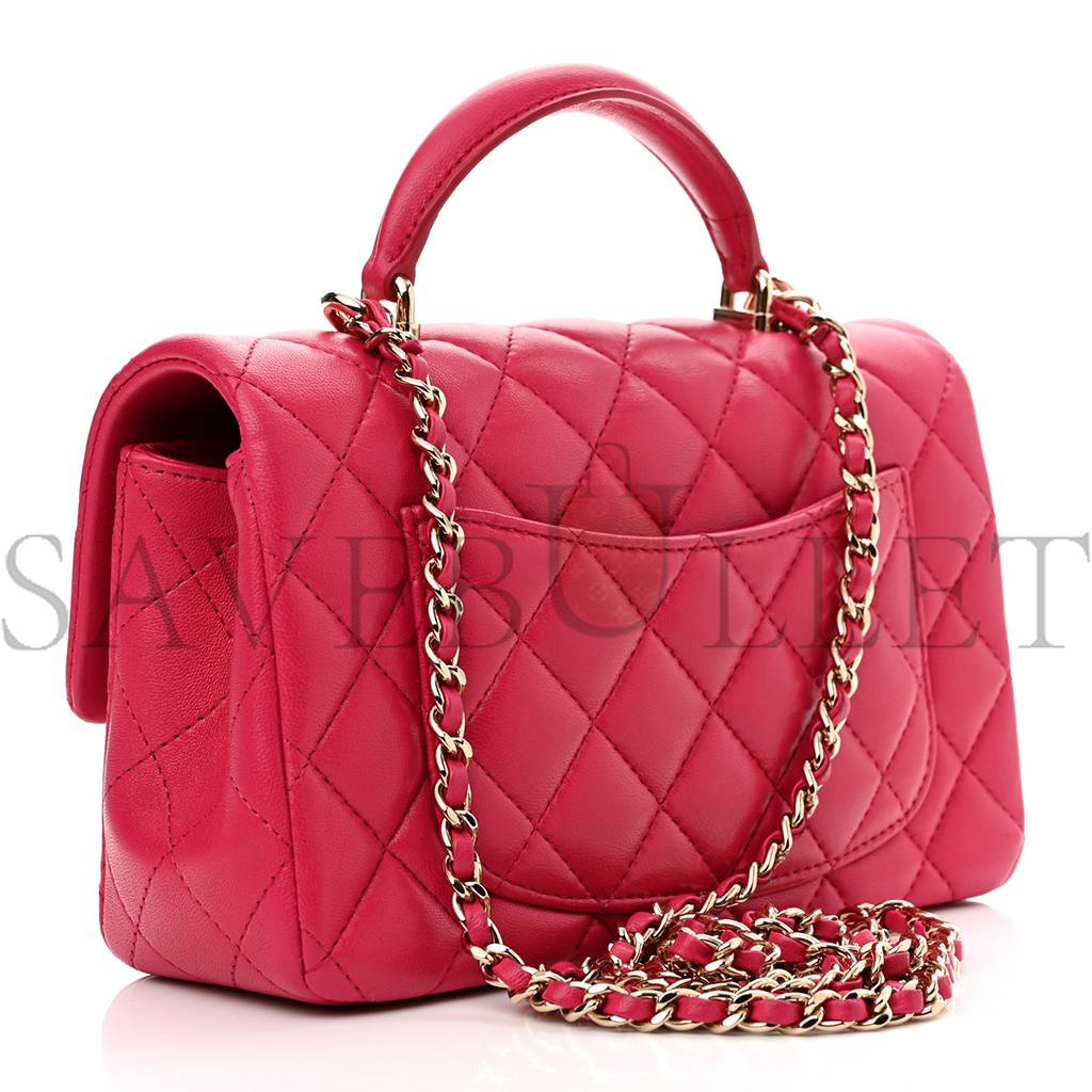 Ch*el lambskin quilted mini top handle rectangular flap dark pink rose gold hardware (19*13*7cm)