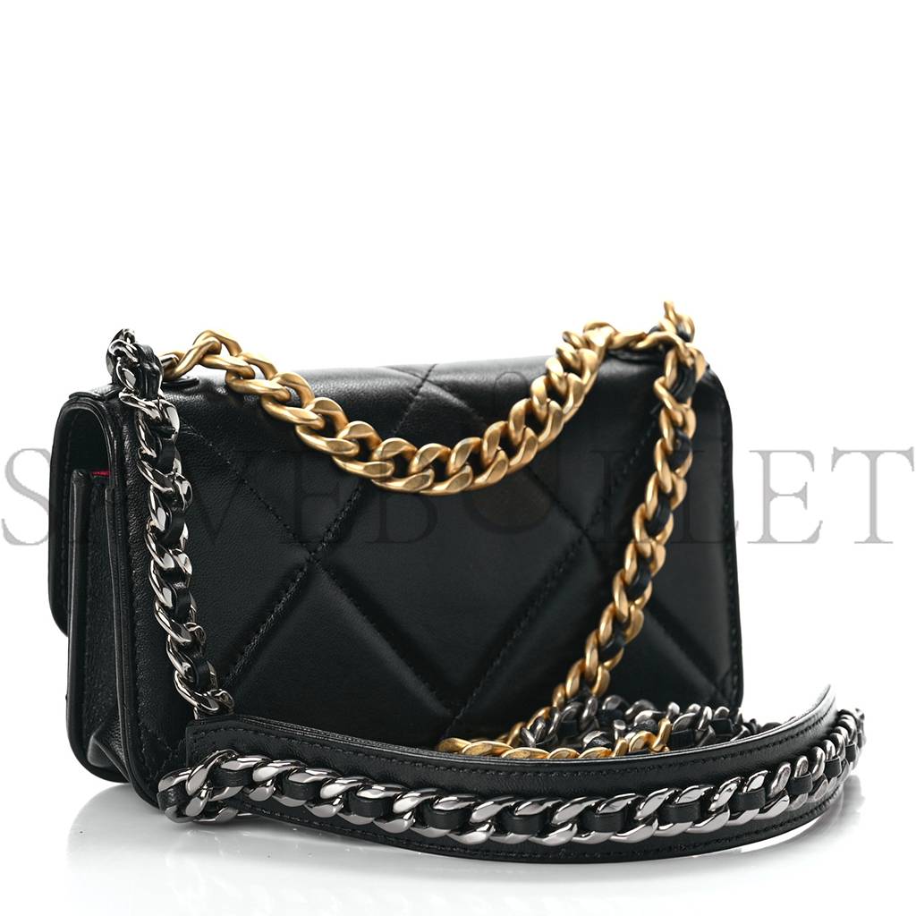 Ch*el lambskin quilted Ch*el 19 flap phone holder with chain black gold hardware (17*10*4cm)