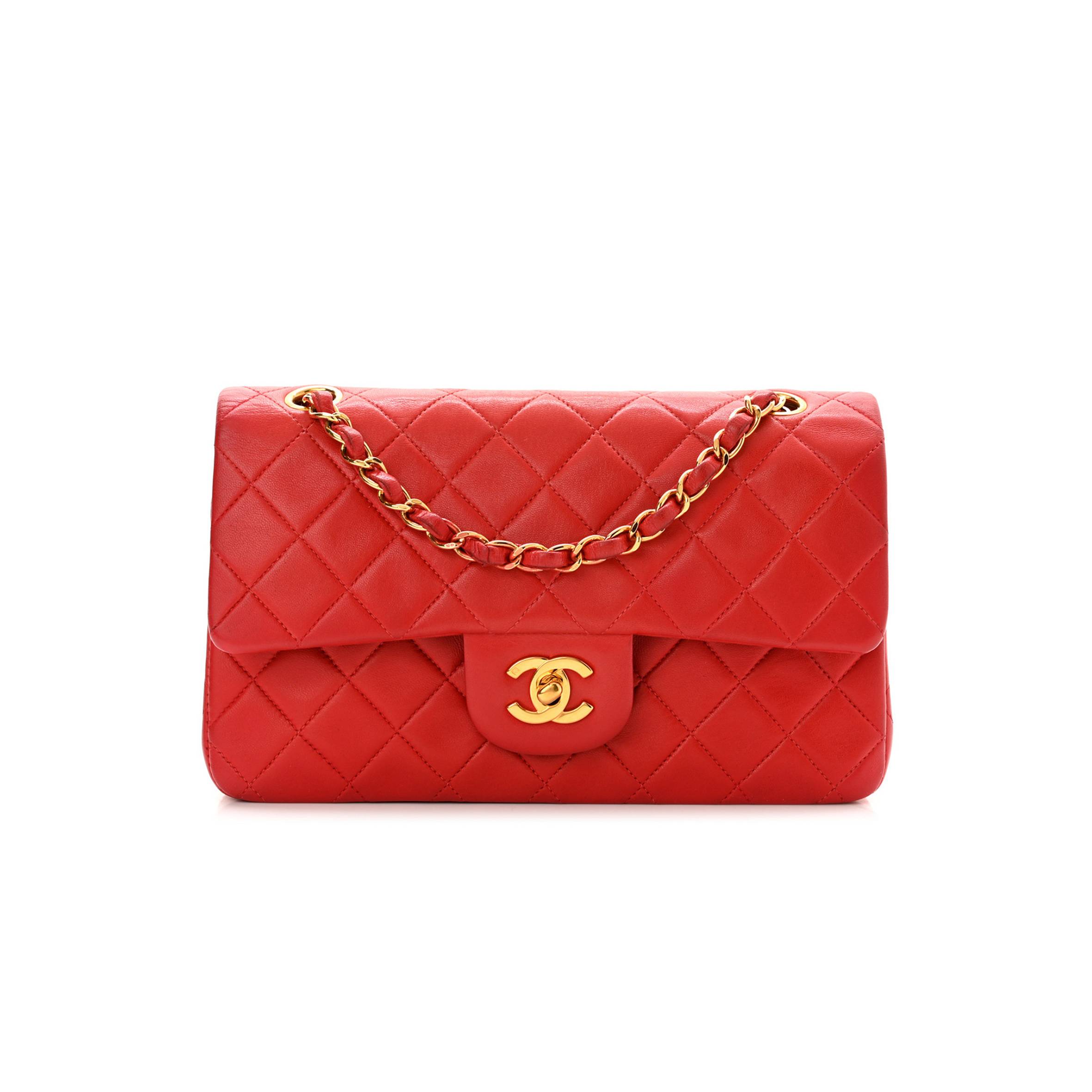 Ch*el lambskin quilted small double flap red gold hardware (23*14*6cm)