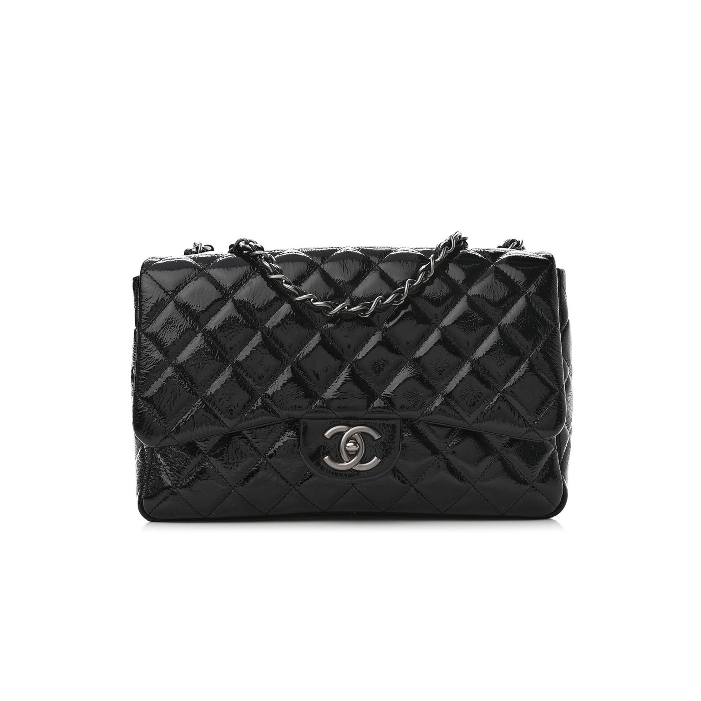 Ch*el crinkled patent quilted jumbo single flap black silver hardware (30*18*8cm)