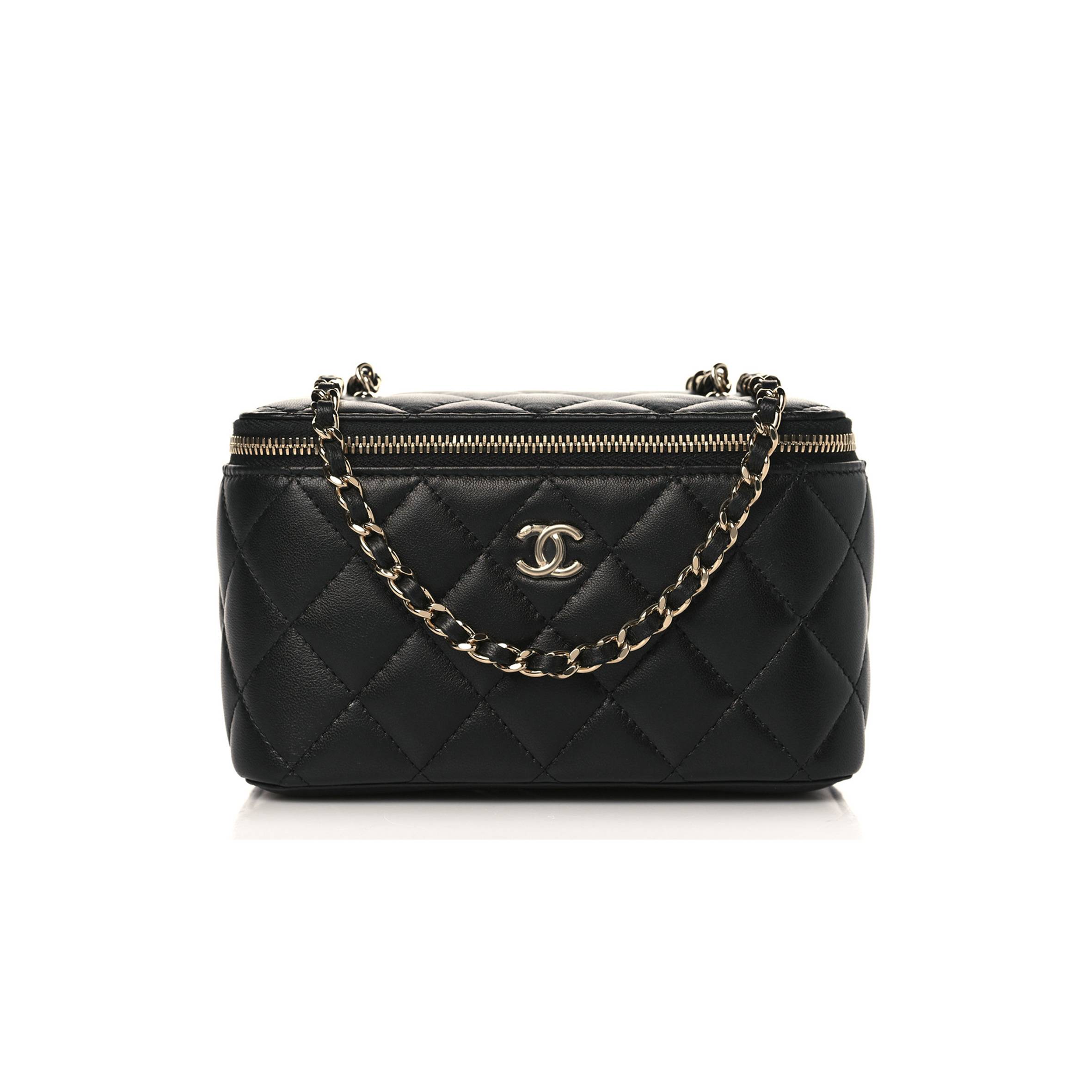 Ch*el lambskin quilted pearl crush small vanity case with chain black rose gold hardware (17*10*8cm)
