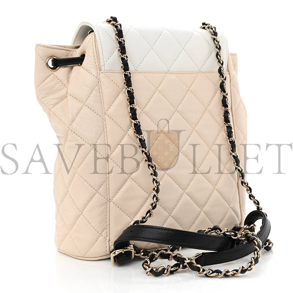 Ch*el goatskin quilted duma drawstring backpack beige black white rose gold hardware (23*22*12cm)