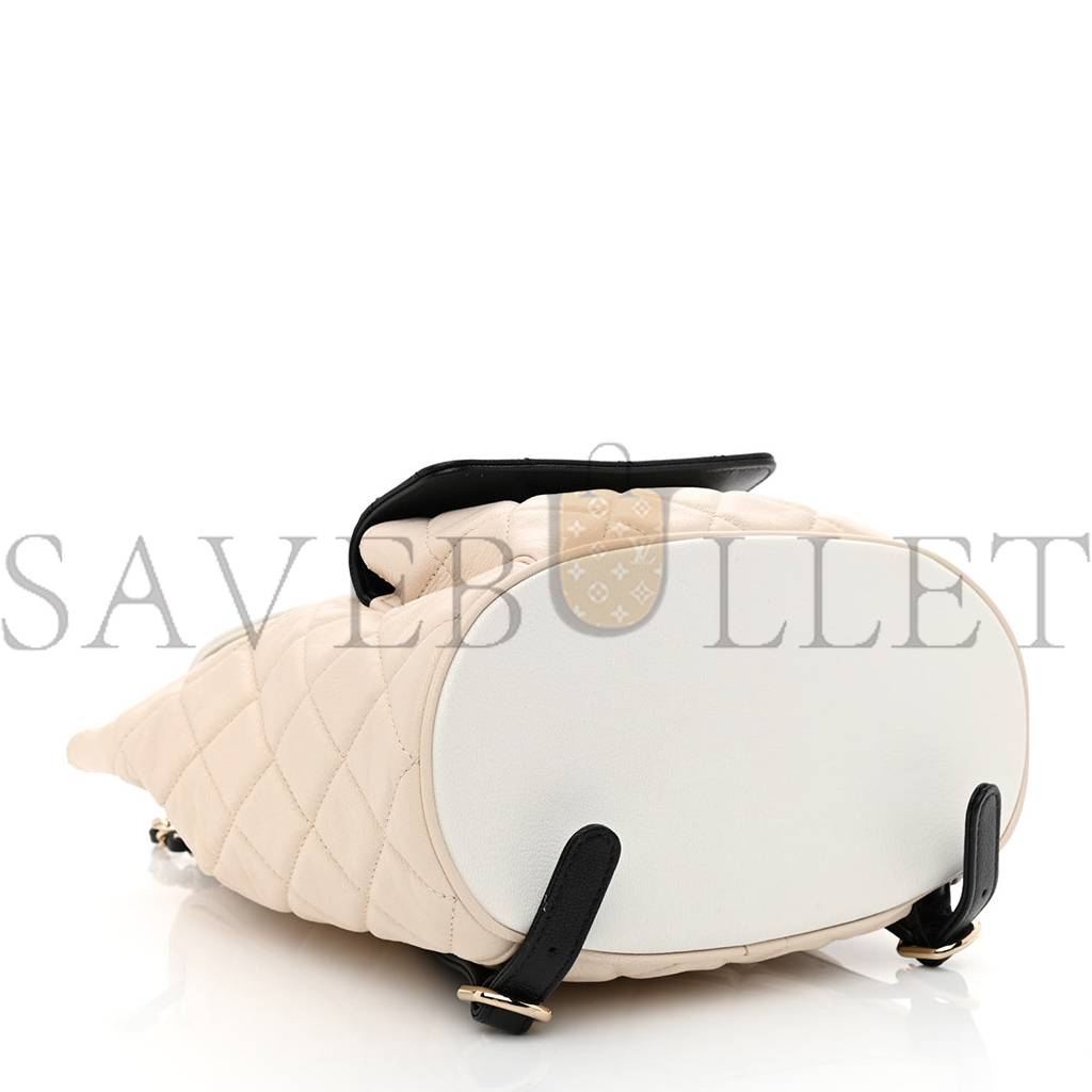 Ch*el goatskin quilted duma drawstring backpack beige black white rose gold hardware (23*22*12cm)