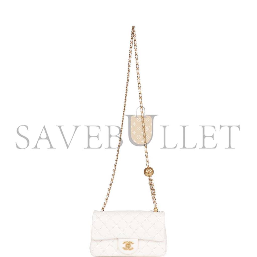 Ch*el pearl crush mini rectangular flap bag white lambskin antique gold hardware (20*13*6cm)
