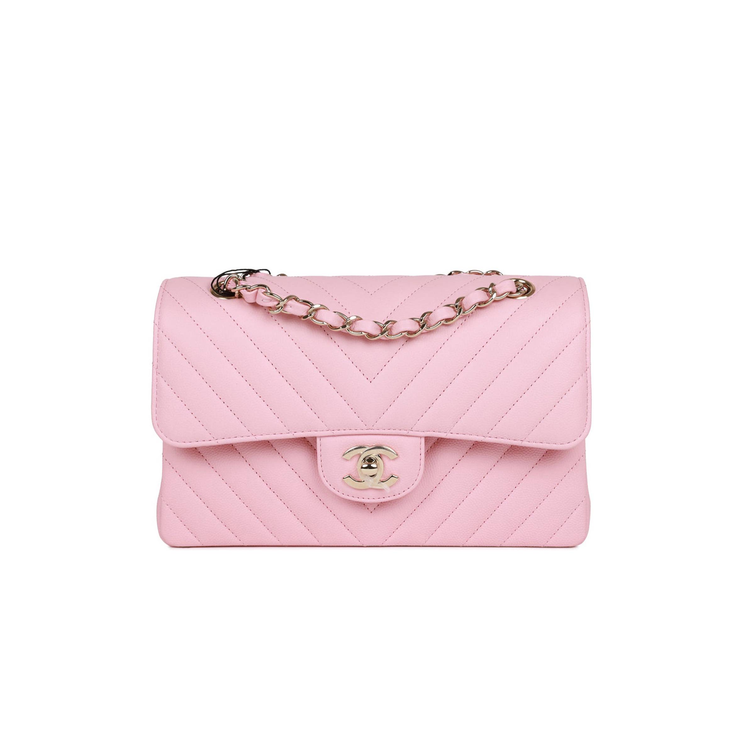 Ch*el small chevron classic double flap pink calfskin light gold hardware (23*13*6cm)