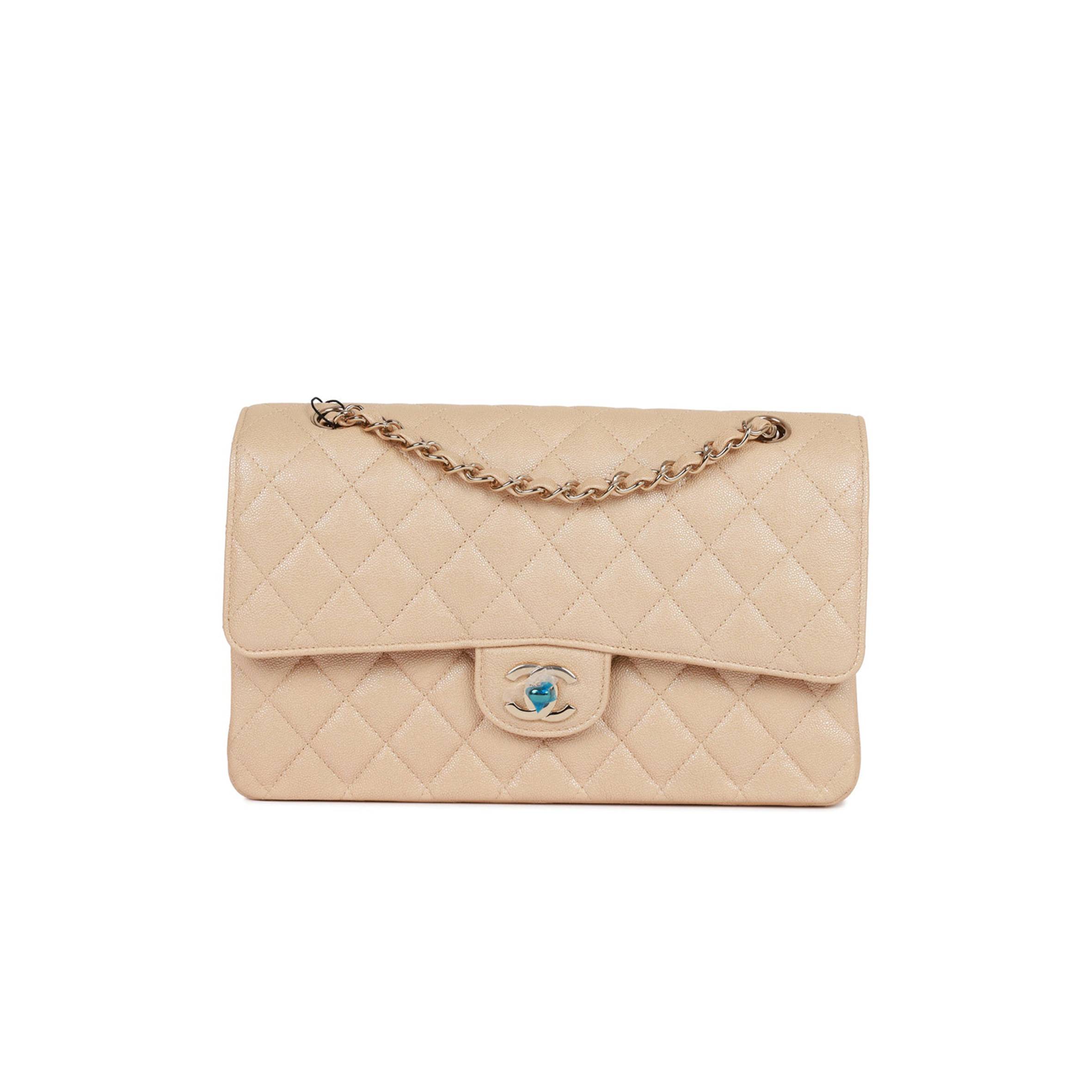 Ch*el medium classic double flap bag beige iridescent caviar light gold hardware (25*15*7cm)