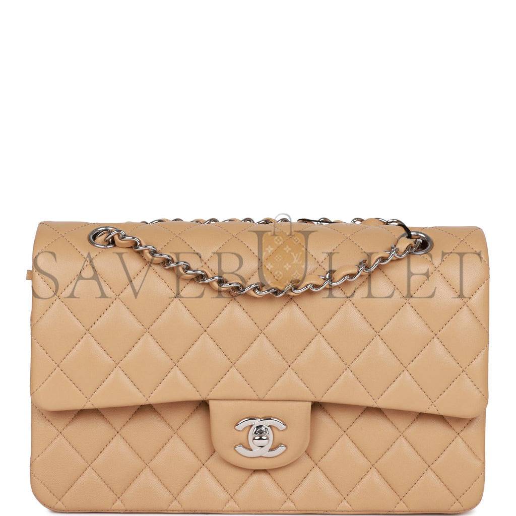 Ch*el medium classic double flap bag beige lambskin silver hardware (25*15*7cm)