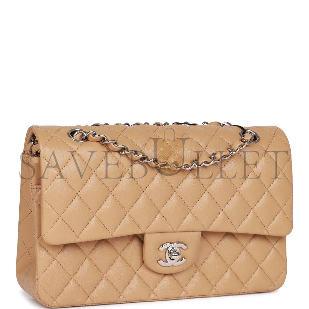 Ch*el medium classic double flap bag beige lambskin silver hardware (25*15*7cm)