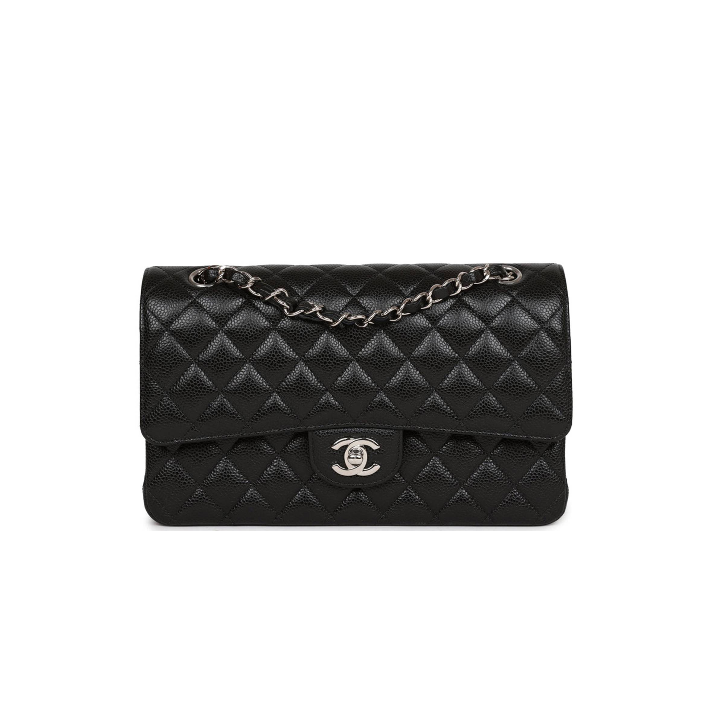 Ch*el medium classic double flap bag black quilted caviar silver hardware (25*15*7cm)