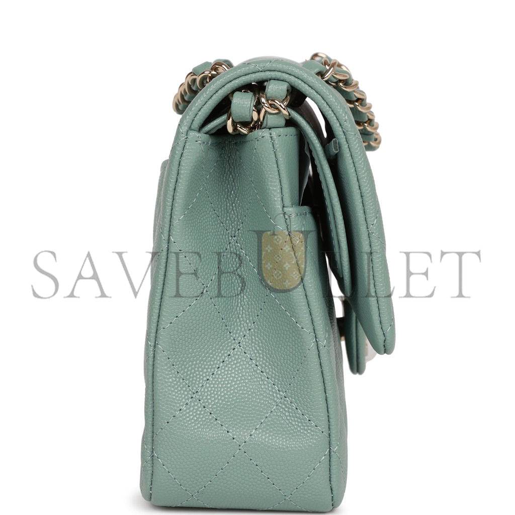 Ch*el medium classic double flap bag green caviar light gold hardware (25*15*7cm)