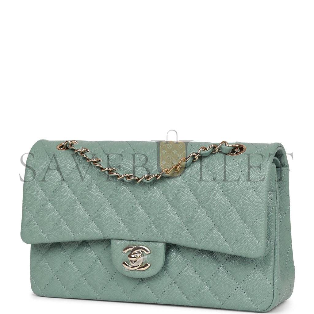 Ch*el medium classic double flap bag green caviar light gold hardware (25*15*7cm)