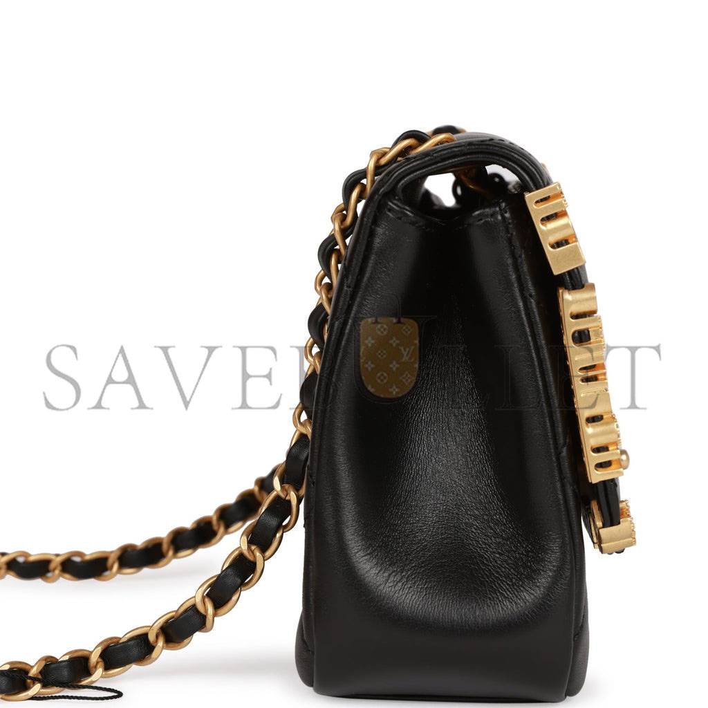 Ch*el monaco mini flap bag black lambskin antique gold hardware (19*13*8cm)