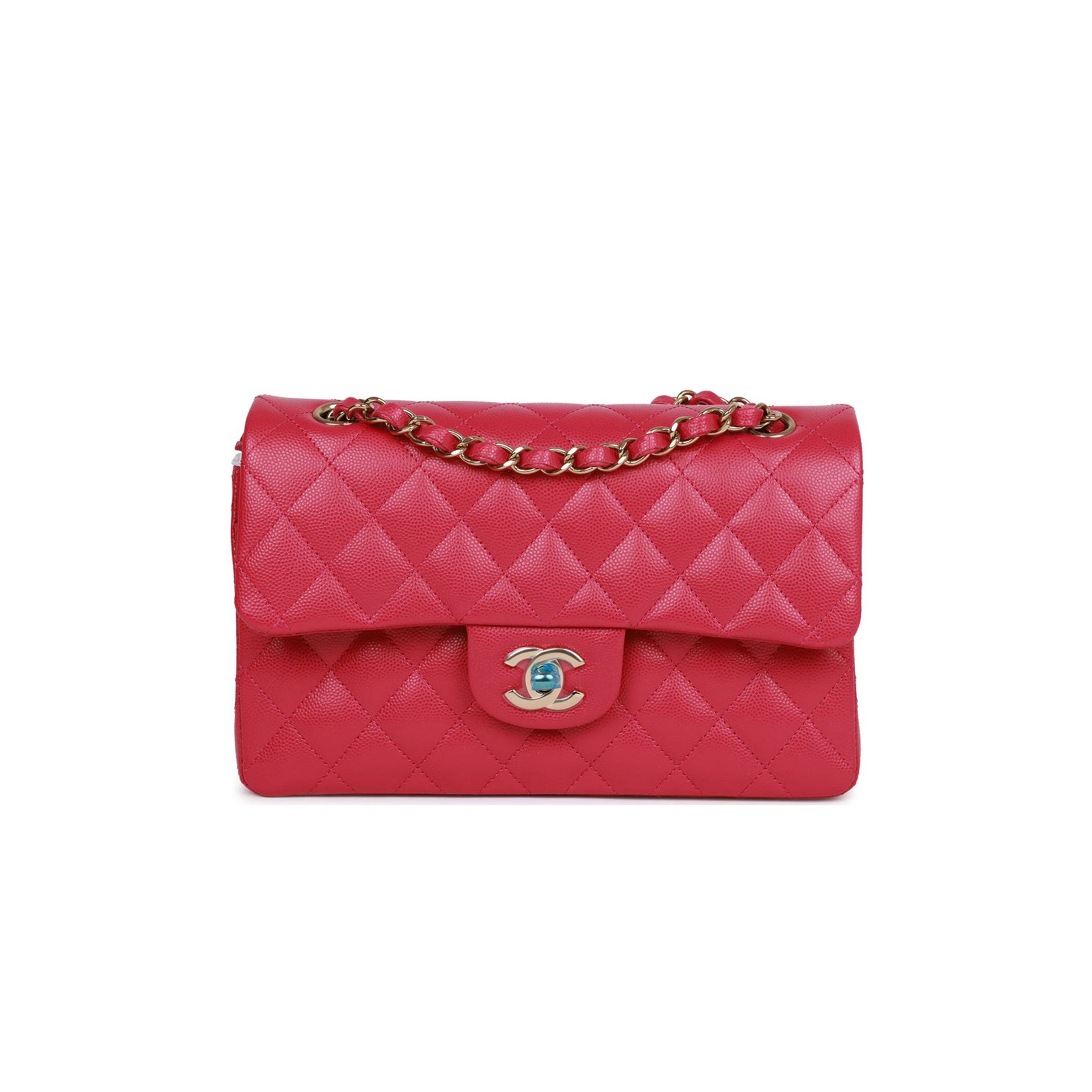 Ch*el small classic double flap fuchsia caviar light gold hardware (23*13*6cm)