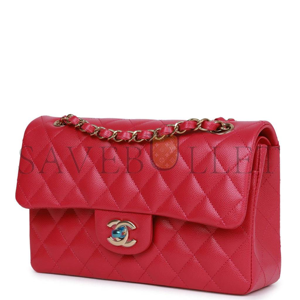 Ch*el small classic double flap fuchsia caviar light gold hardware (23*13*6cm)