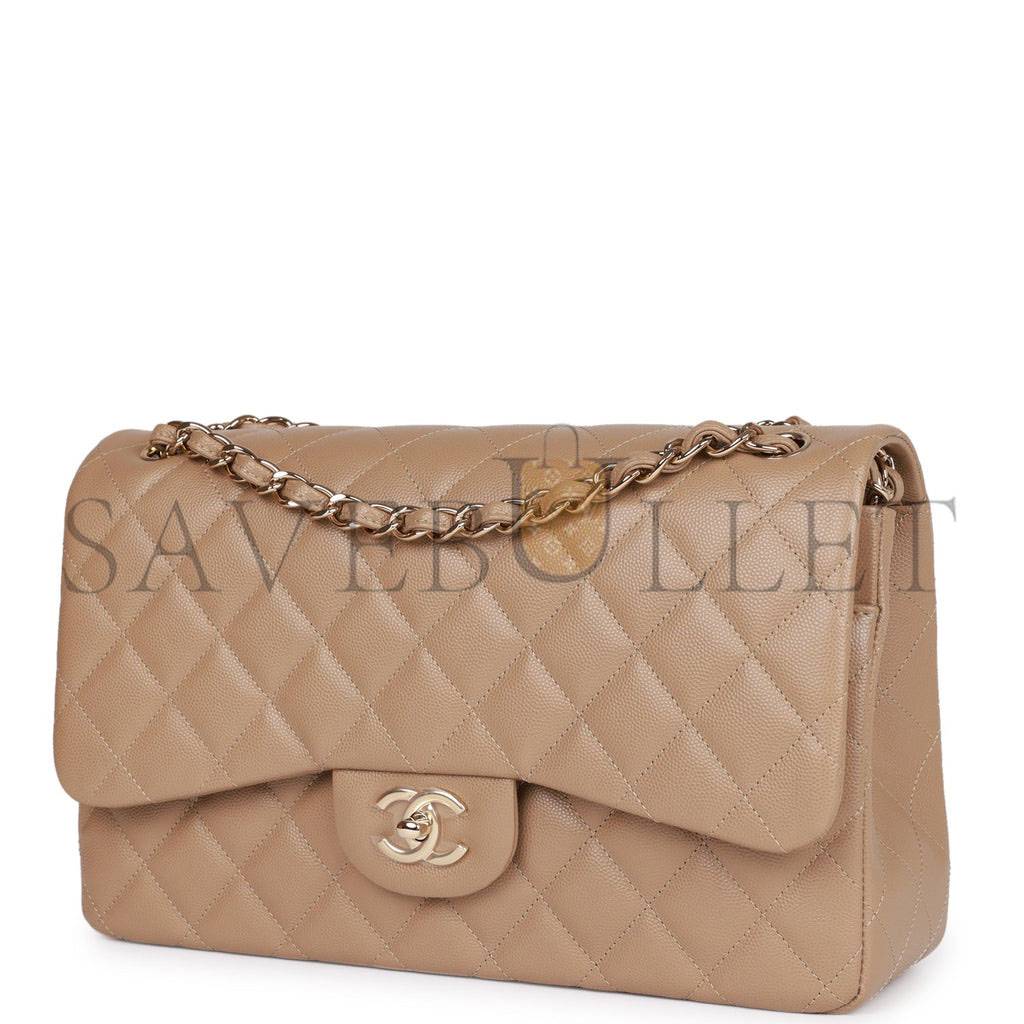 Ch*el jumbo classic double flap bag dark beige caviar gold hardware (30*20*9cm)