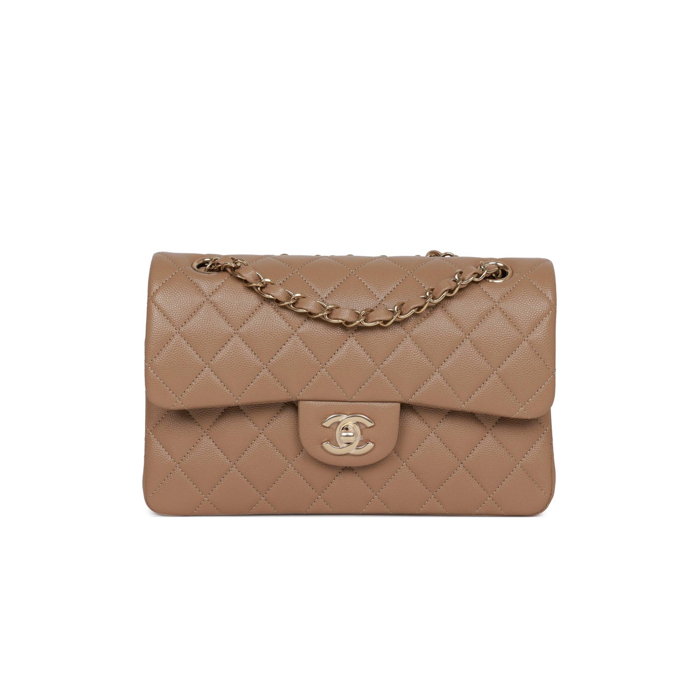 Ch*el small classic double flap dark beige caviar light gold hardware (23*13*6cm)