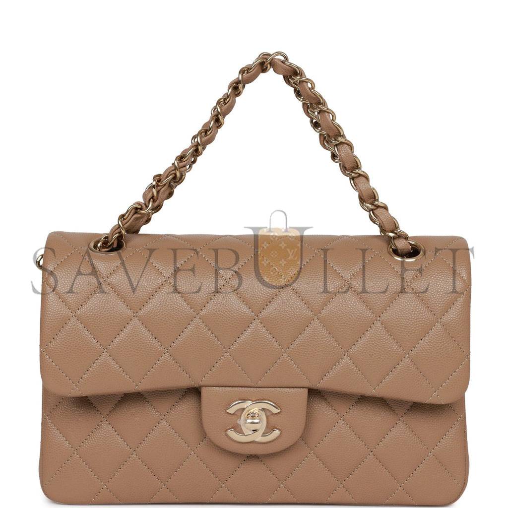 Ch*el small classic double flap dark beige caviar light gold hardware (23*13*6cm)