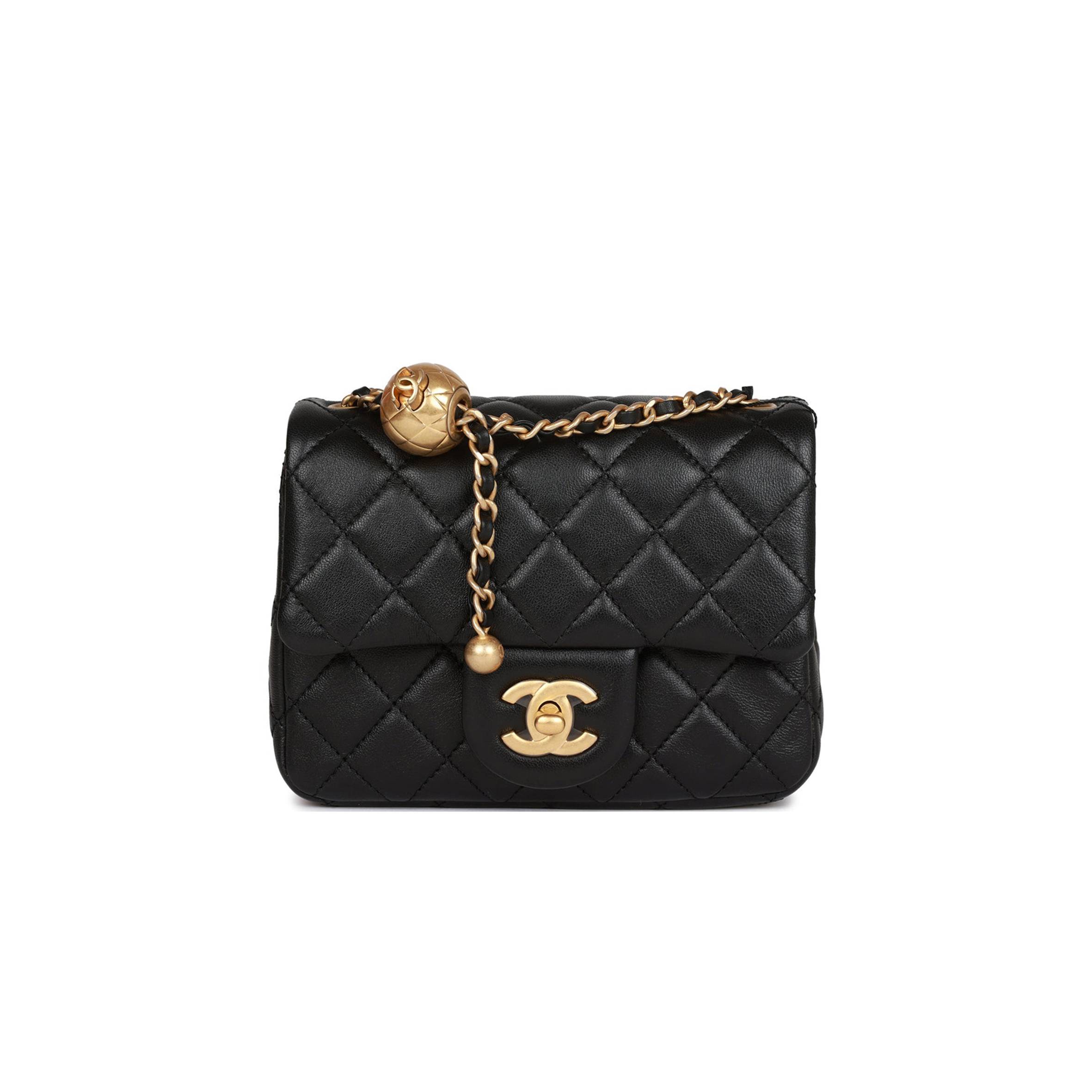 Ch*el pearl crush mini square flap bag black lambskin antique gold hardware (17*14*8cm)