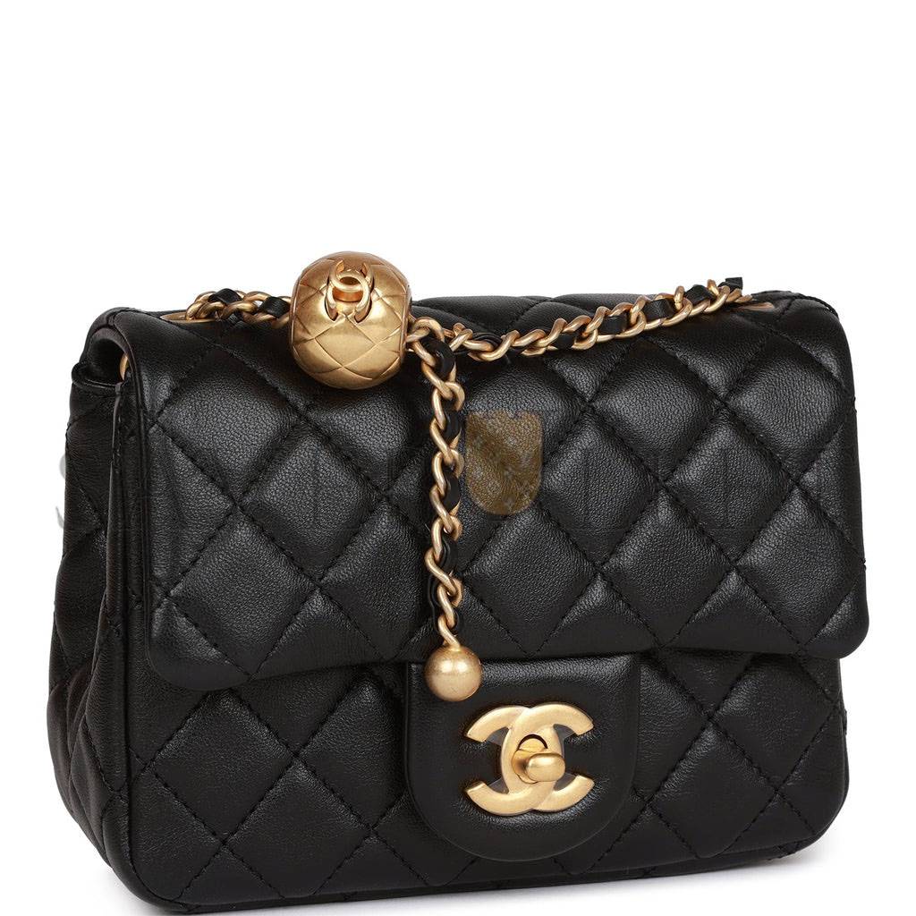 Ch*el pearl crush mini square flap bag black lambskin antique gold hardware (17*14*8cm)