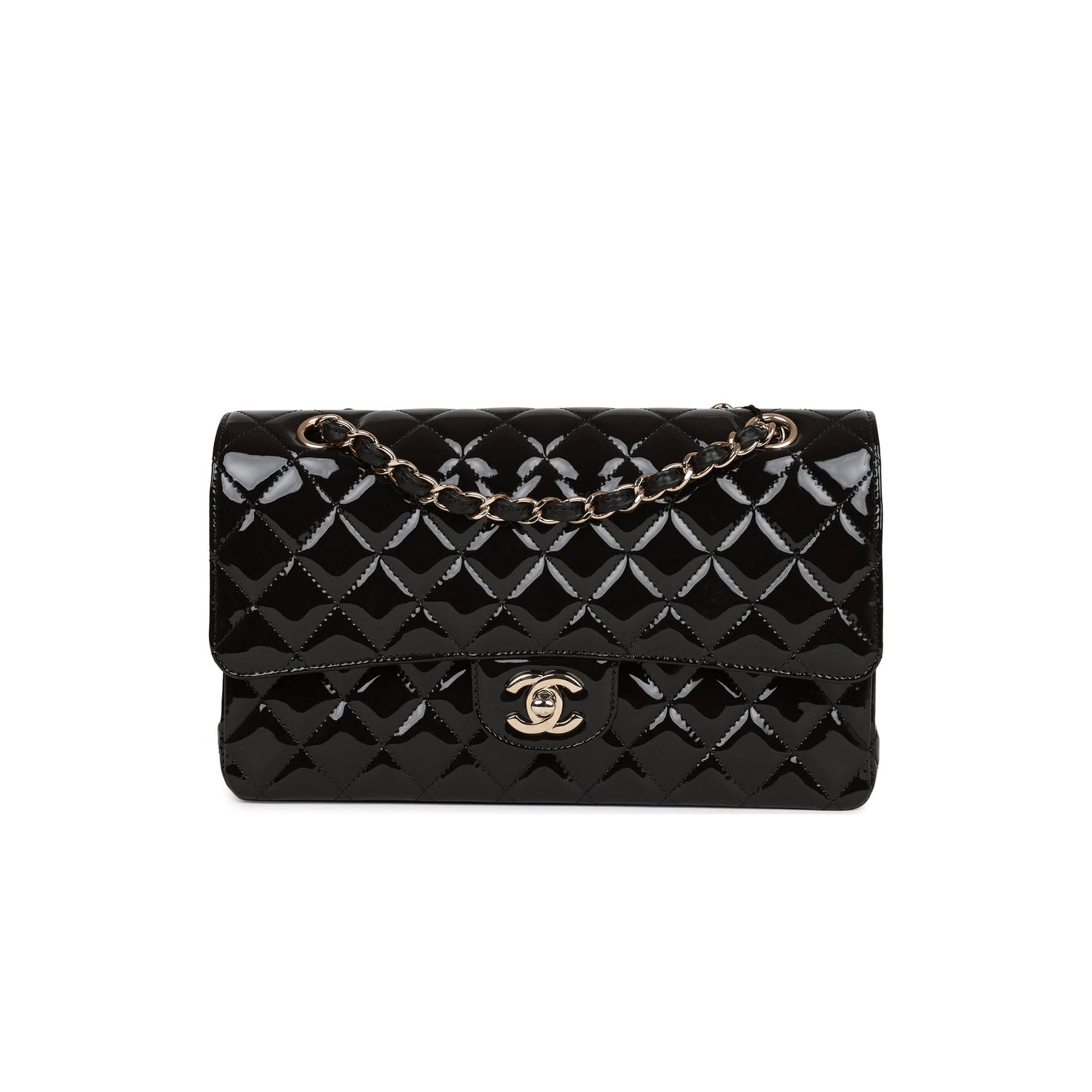 Ch*el medium classic double flap bag black patent light gold hardware (25*15*7cm)