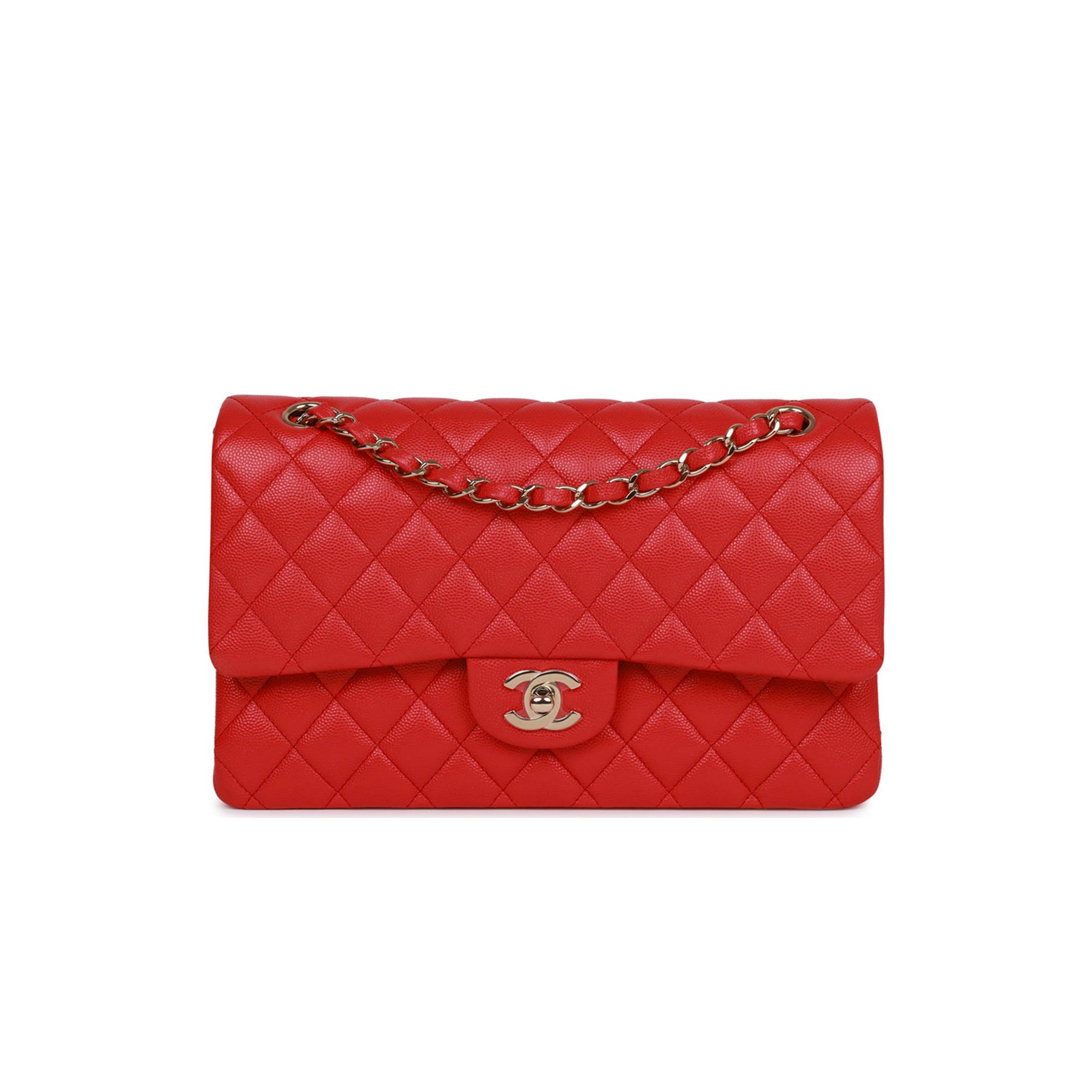 Ch*el medium classic double flap bag red caviar light gold hardware (25.5*15.5*6.5cm)