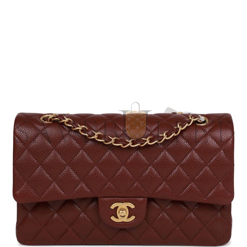 Ch*el medium classic double flap bag burgundy caviar antique gold hardware (25*15*7cm)