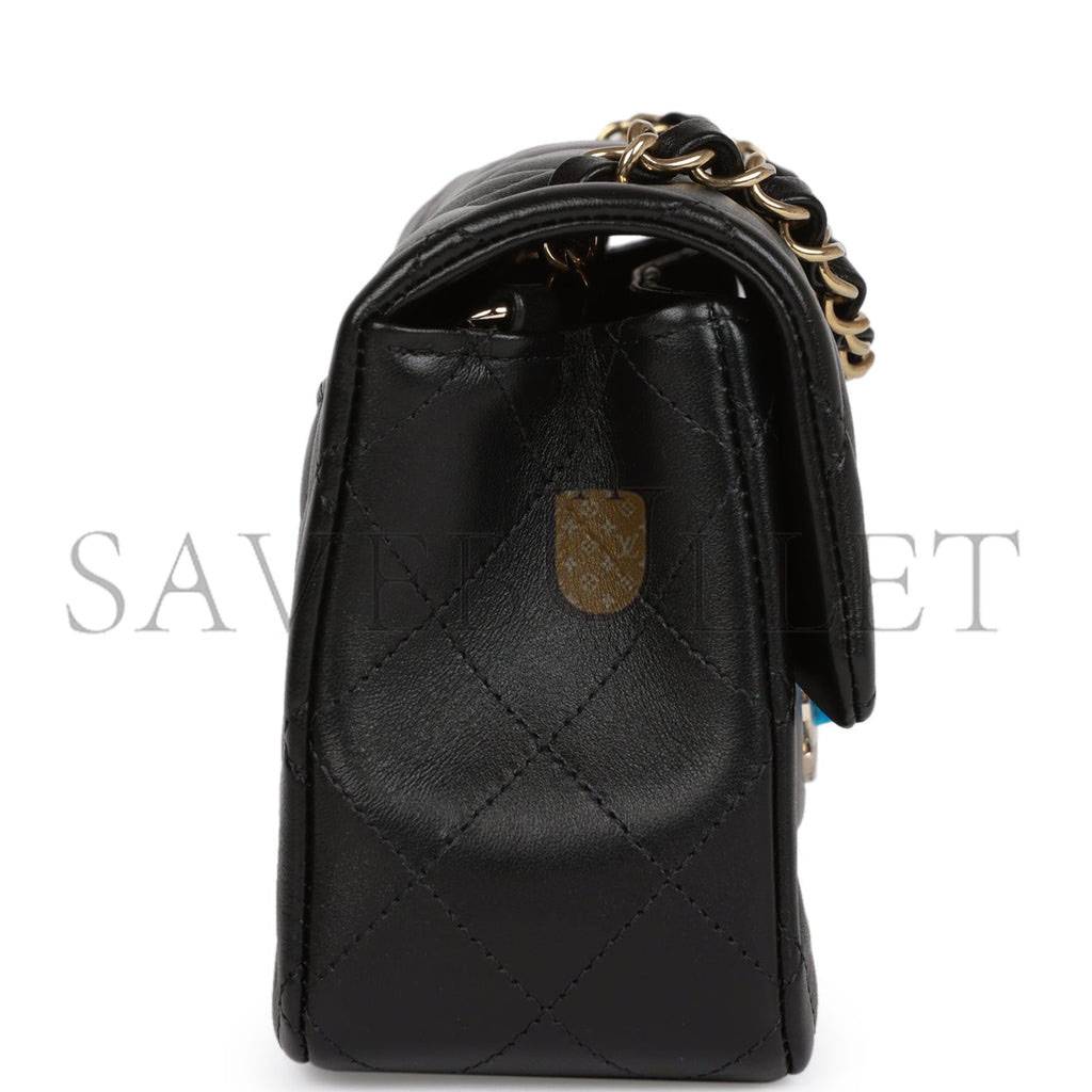 Ch*el mini rectangular flap bag black lambskin light gold hardware (20*13*6cm)