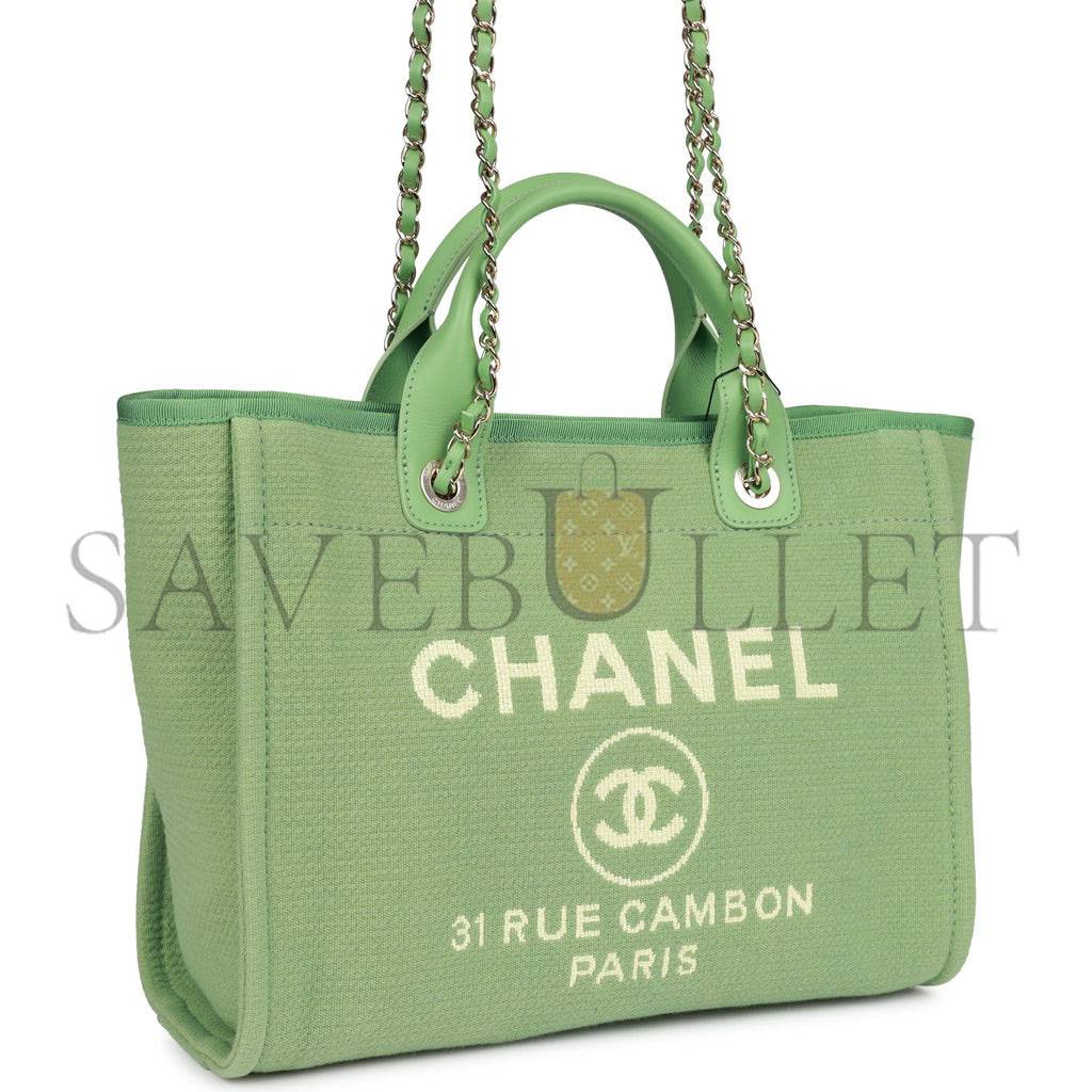 Ch*el small deauville shopping bag green boucle light gold hardware (34*27*15cm)