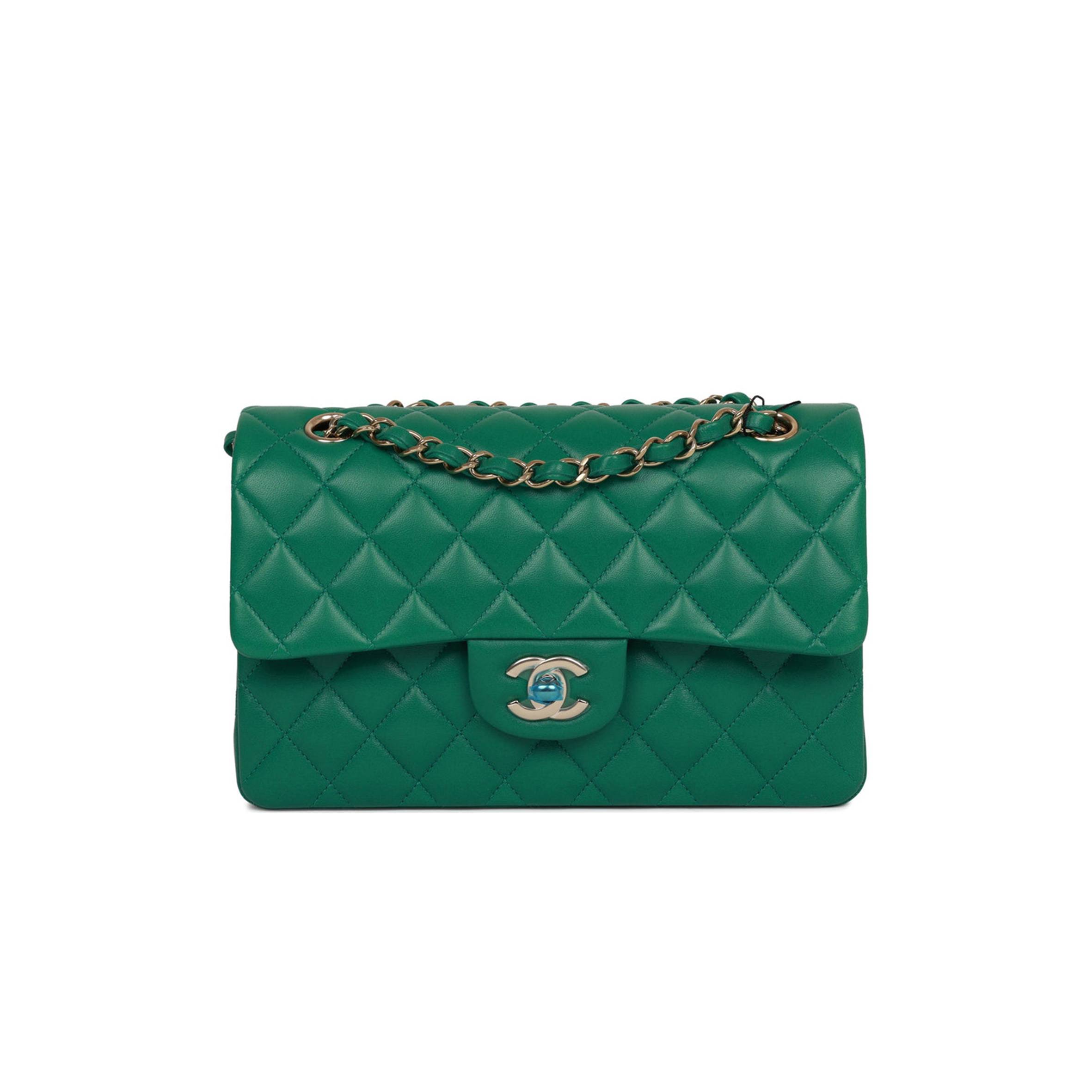 Ch*el small classic double flap bag green lambskin light gold hardware (23*13*6cm)