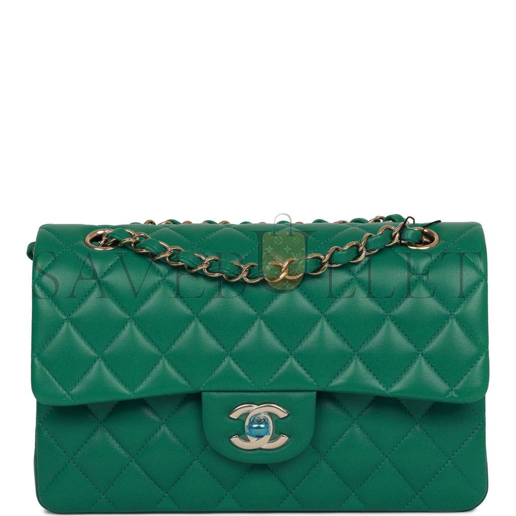 Ch*el small classic double flap bag green lambskin light gold hardware (23*13*6cm)