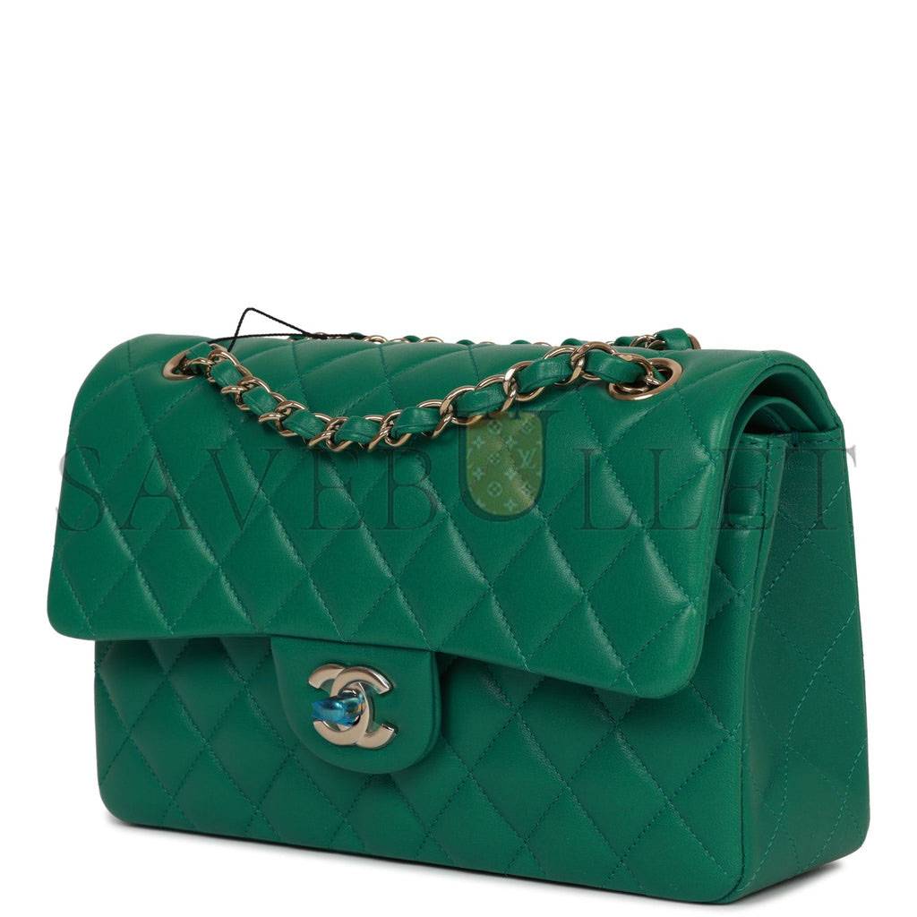 Ch*el small classic double flap bag green lambskin light gold hardware (23*13*6cm)