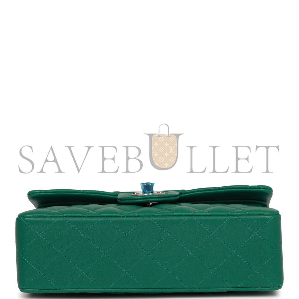 Ch*el small classic double flap bag green lambskin light gold hardware (23*13*6cm)